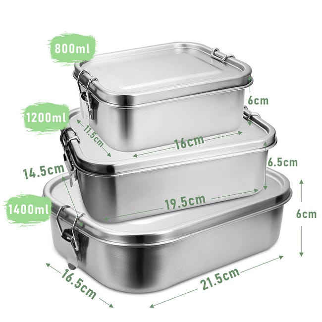 3x box da pranzo in metallo box box termico contenitore per pranzo bpa  acciaio inossidabile gratuito, 800+1200+1400ml
