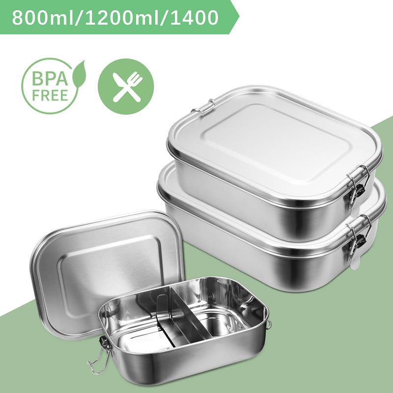 3x box da pranzo in metallo box box termico contenitore per pranzo bpa  acciaio inossidabile gratuito, 800+1200+1400ml