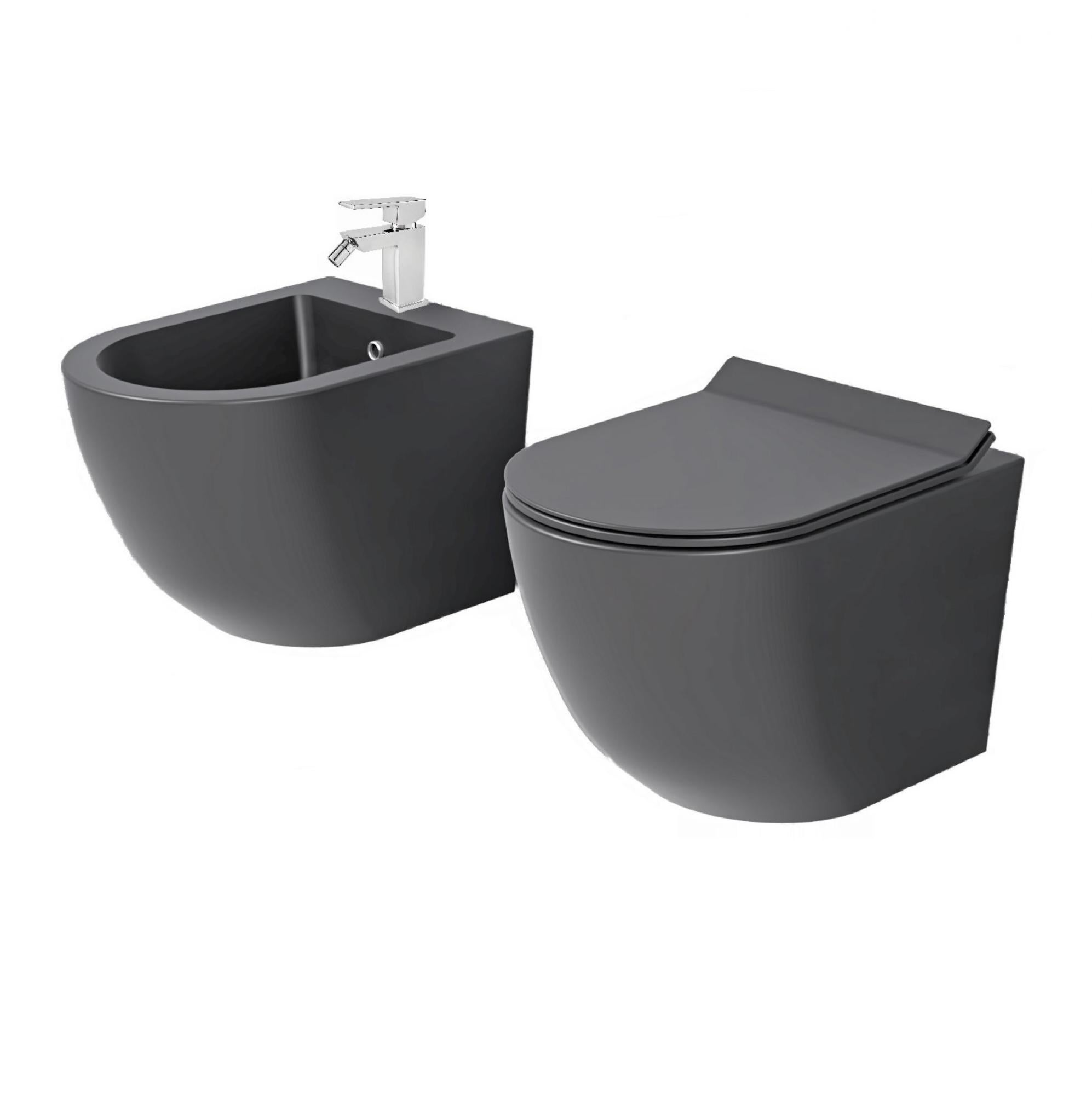 Coppia Sanitari Sospesi Senza Brida Nero Opaco - Design Moderno Con Coprivaso Soft-Close