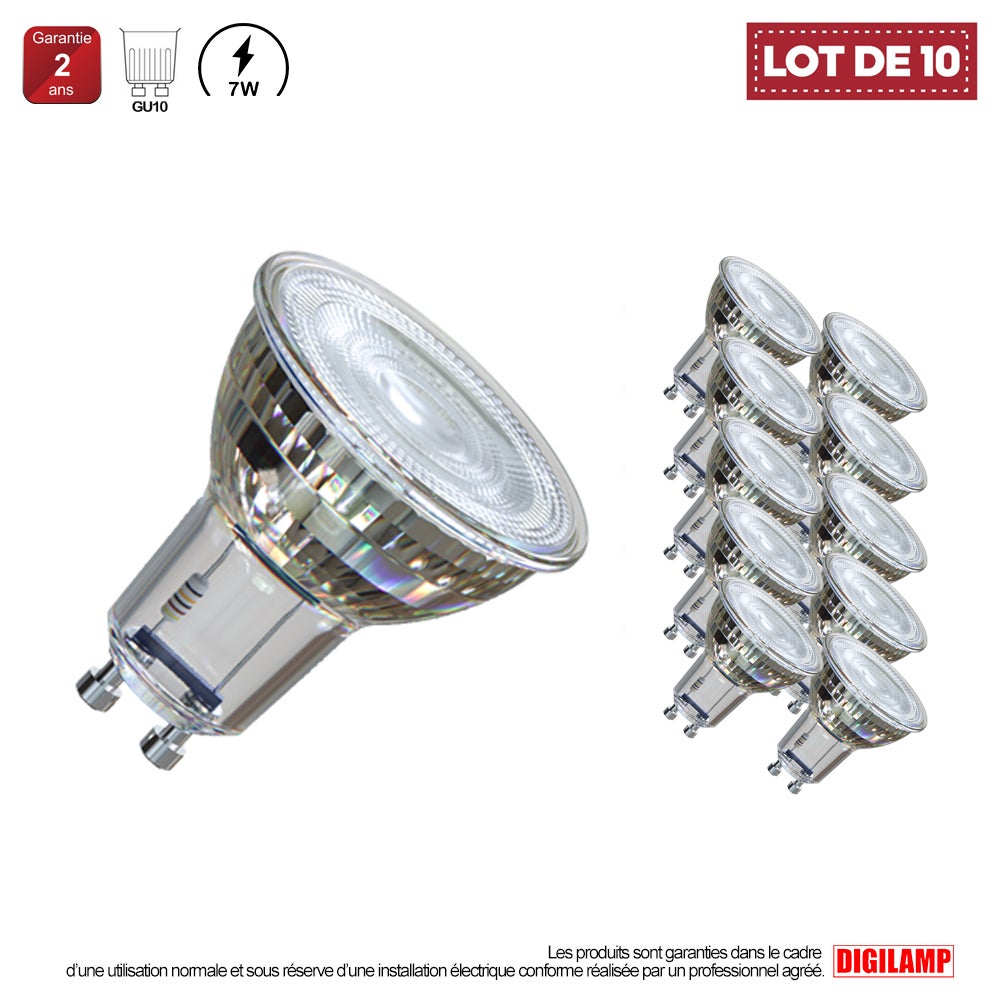 Lot de 10 Ampoule LED GU10 7W Blanc Chaud 3000K - Digilamp
