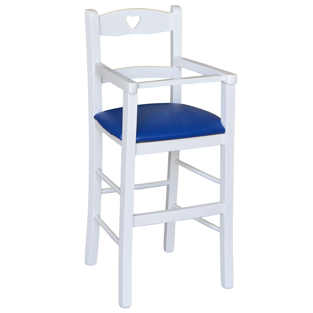 BLU Seggiolone in legno bianco con seduta imbottita in similpelle blu 