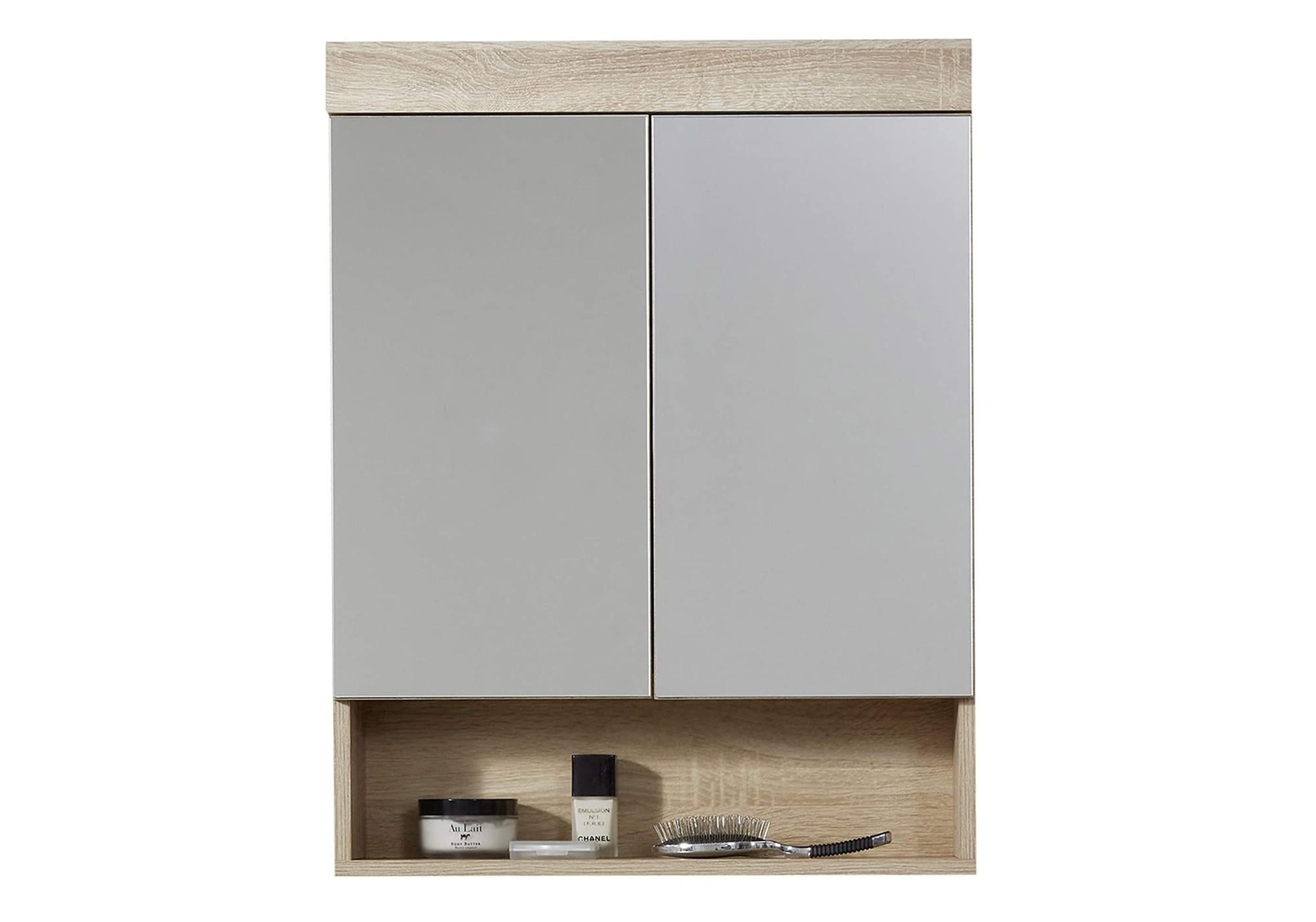 Armoire de toilette 2 portes mélaminé chêne clair avec miroir Rune