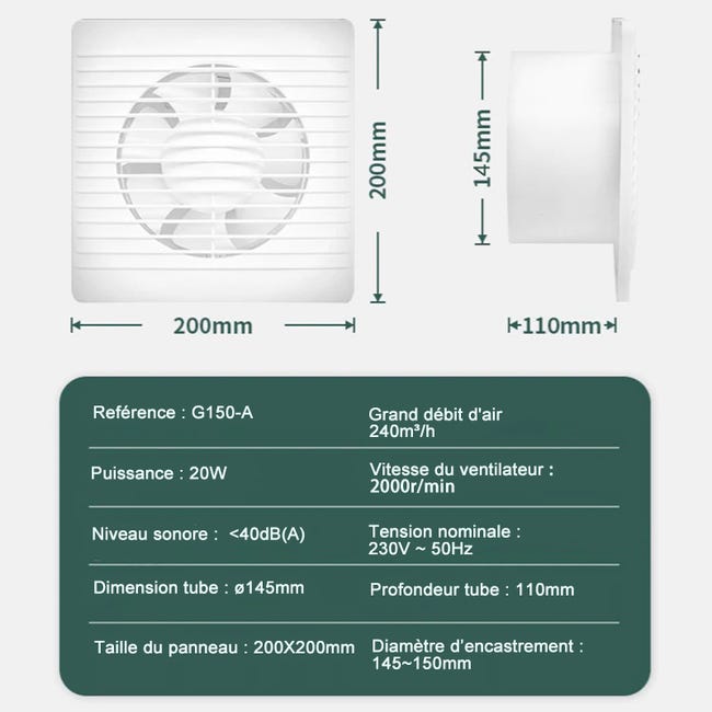 Ventilateur d'extraction 200 mm 20W 240m³/h avec Clapet anti