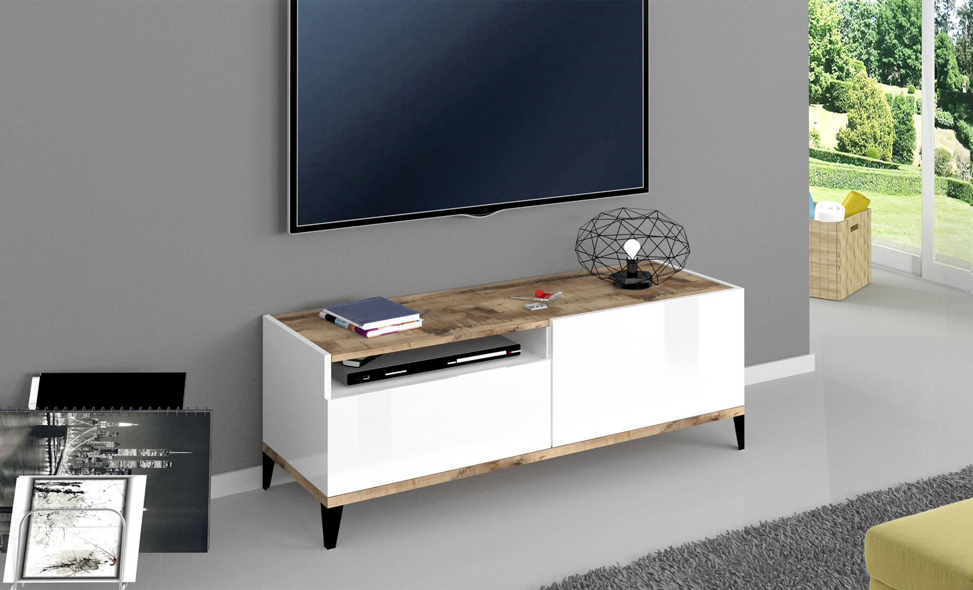 Mobile porta TV Bryan, Credenza bassa da soggiorno, Base porta TV, 100% Made  in Italy, cm 120x40h47, Bianco lucido e Acero