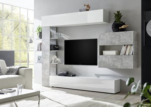 Parete attrezzata da salotto, Mobile porta TV con base e pensili, Soggiorno  moderno, Made in Italy, cm 270x92xh34, colore Bianco