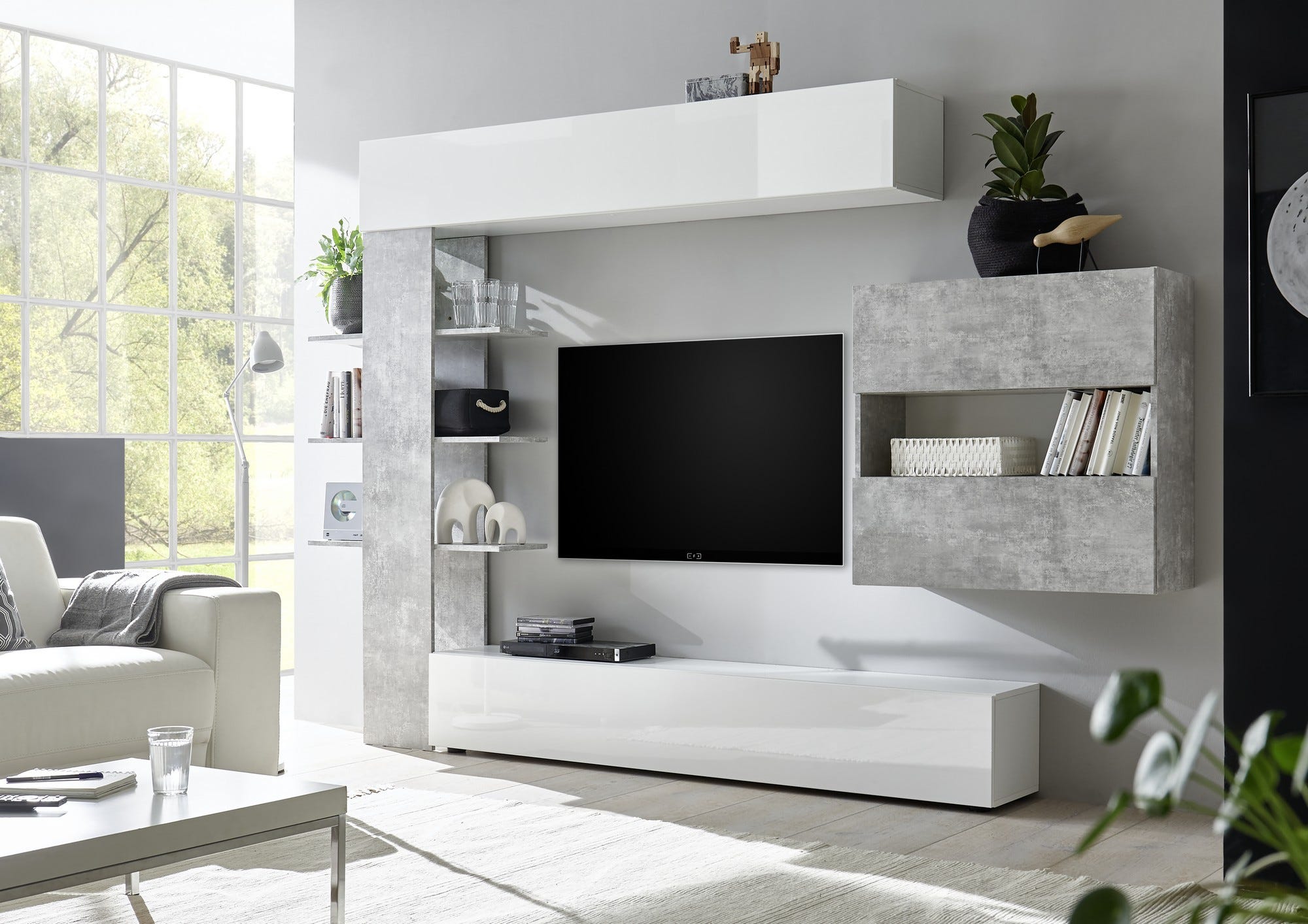 Parete attrezzata da soggiorno reversibile, Made in Italy, Mobile porta TV,  Set salotto moderno, cm 295x30h197, colore Bianco lucido e Cemento