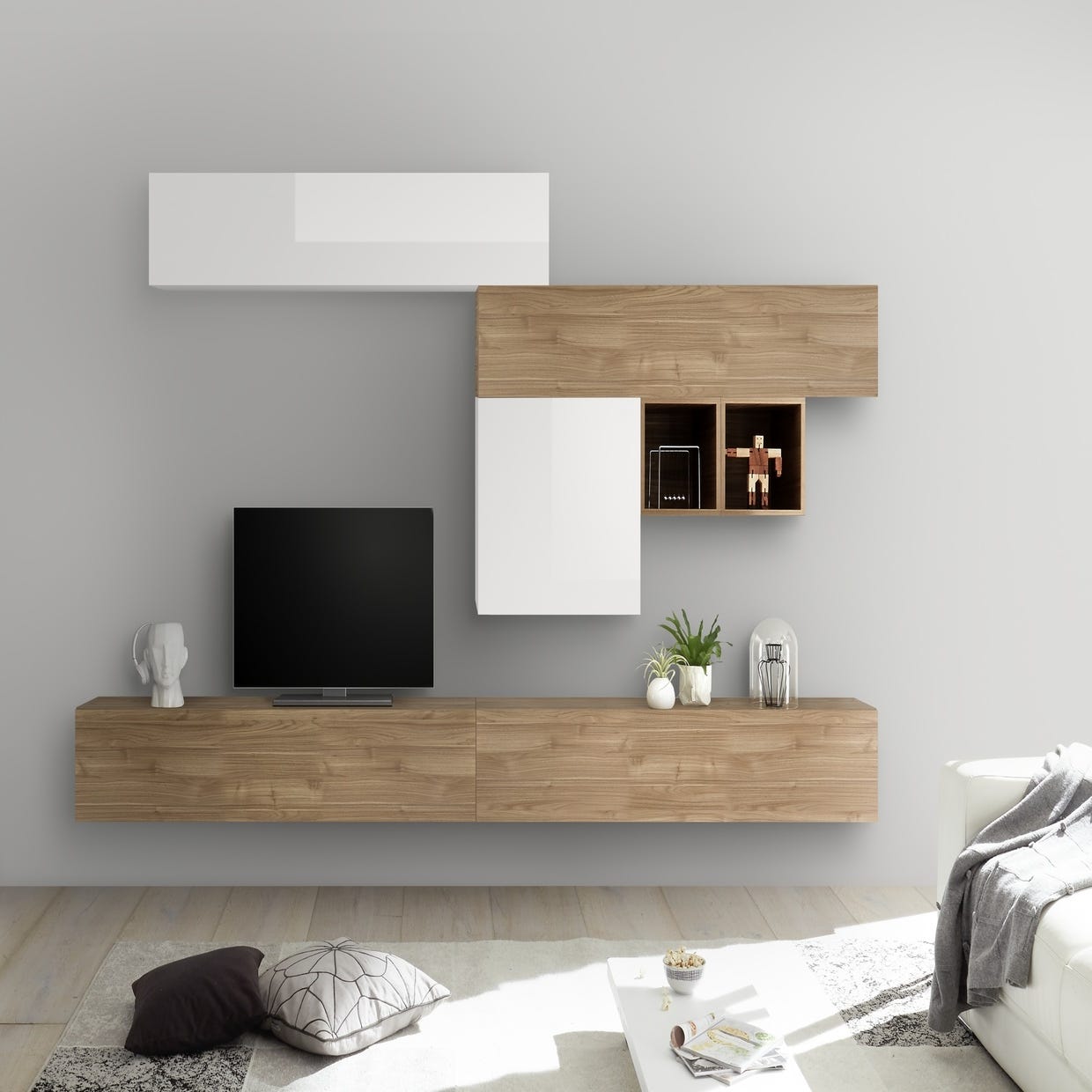Sistema de pared de salón reversible, Made in Italy, Mueble TV, Conjunto de salón  moderno, 276x30h200 cm, Blanco brillo y color Nogal