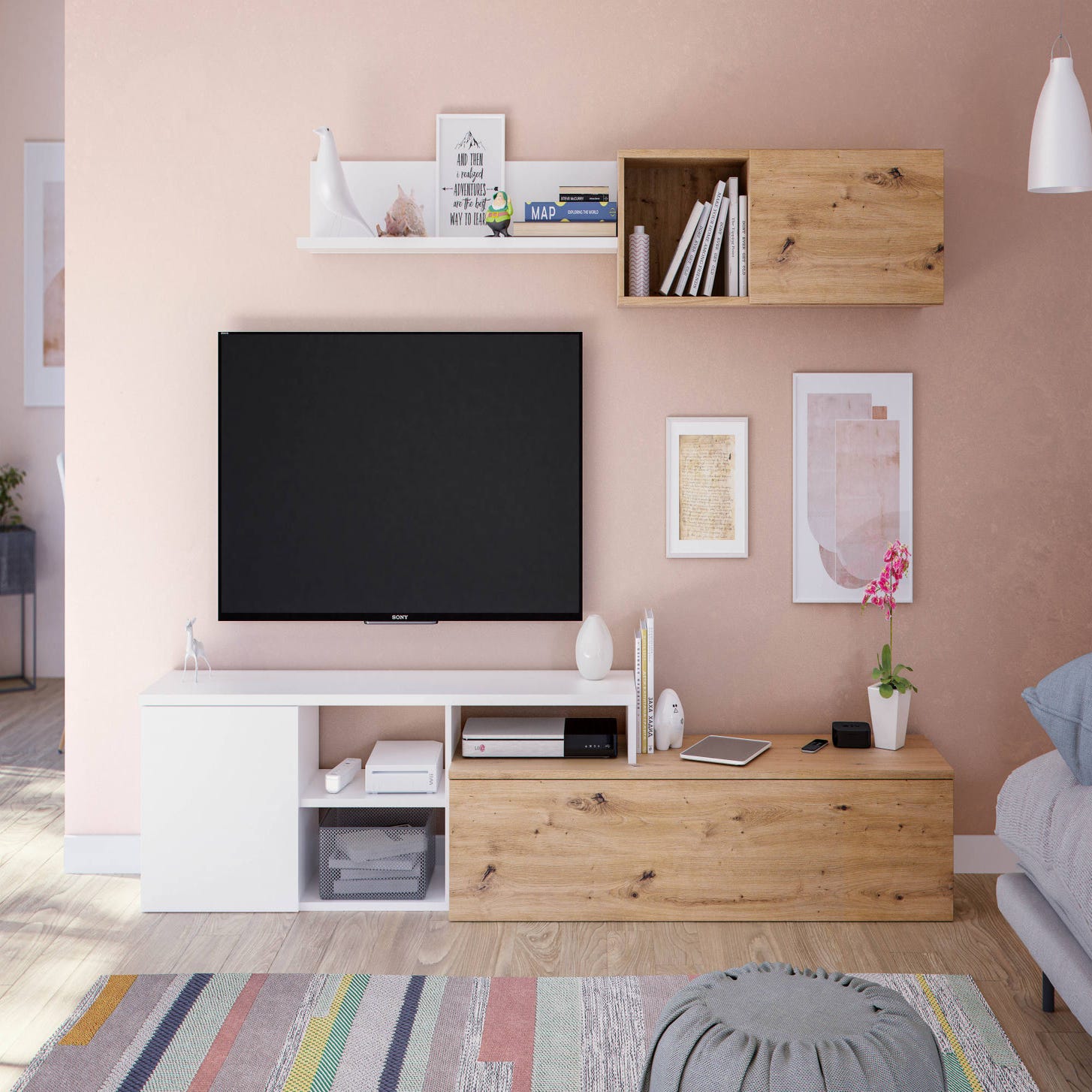 Dmora Mueble TV para salón con cuatro puertas, con mueble alto y balda,  color cemento y