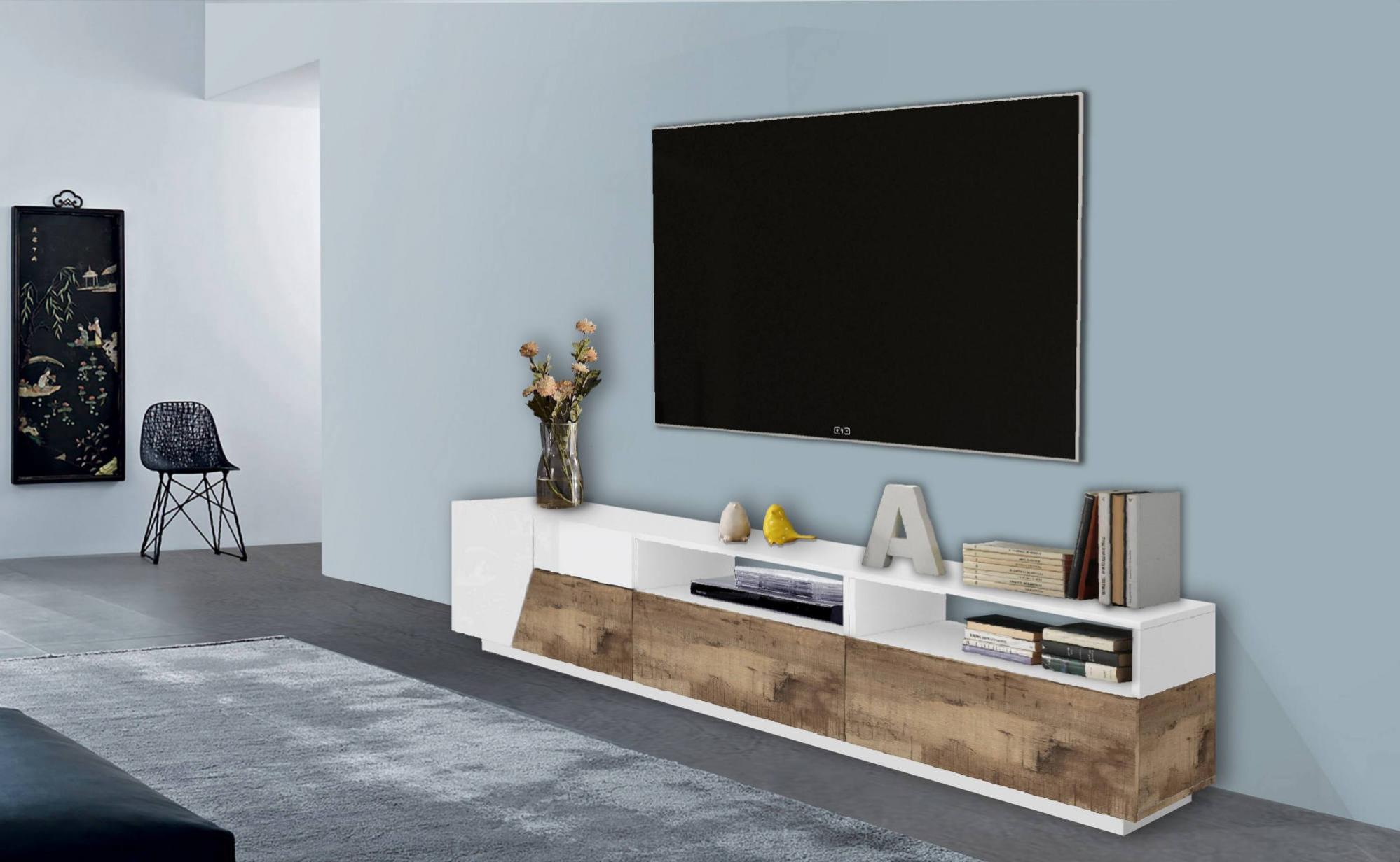 TV para salón, Made in Italy, Mueble TV con 2 puertas y 2 cajones, 200x43h46 cm, brillo y Arce | Leroy Merlin