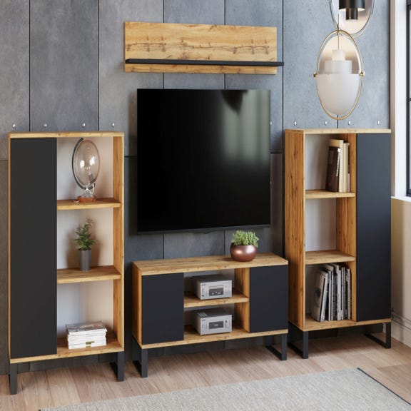 Sistema de pared para sala de estar de estilo industrial, mueble TV con 2 aparadores con puerta reversible, estante a juego, color negro y arce | Leroy Merlin