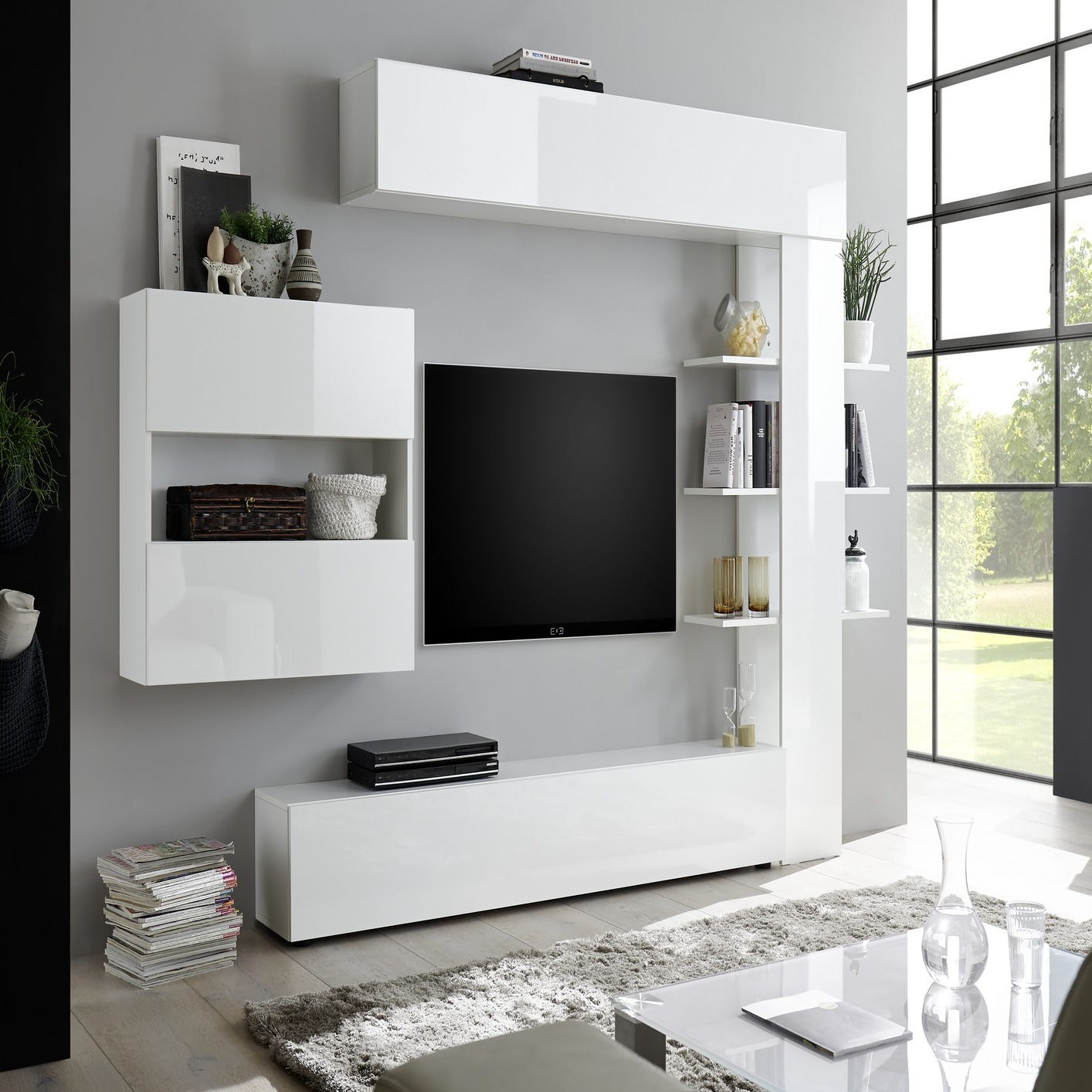 Sistema de pared de salón reversible, Made in Italy, Mueble TV, Conjunto de  salón moderno, 295x30h197 cm, Color Blanco Brillo y Mate