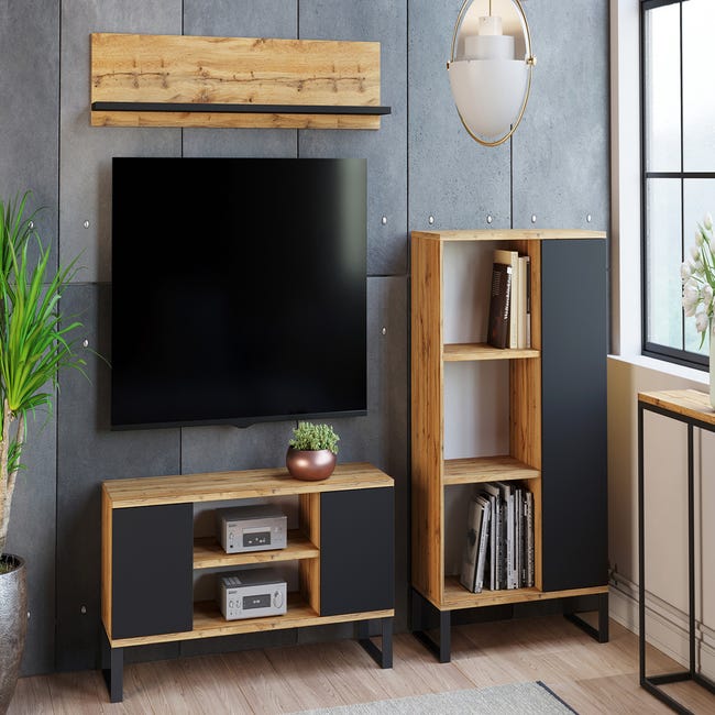 Sistema de pared sala de estar de estilo industrial, mueble de TV con aparador con puerta reversible, estante juego, color negro y arce | Leroy