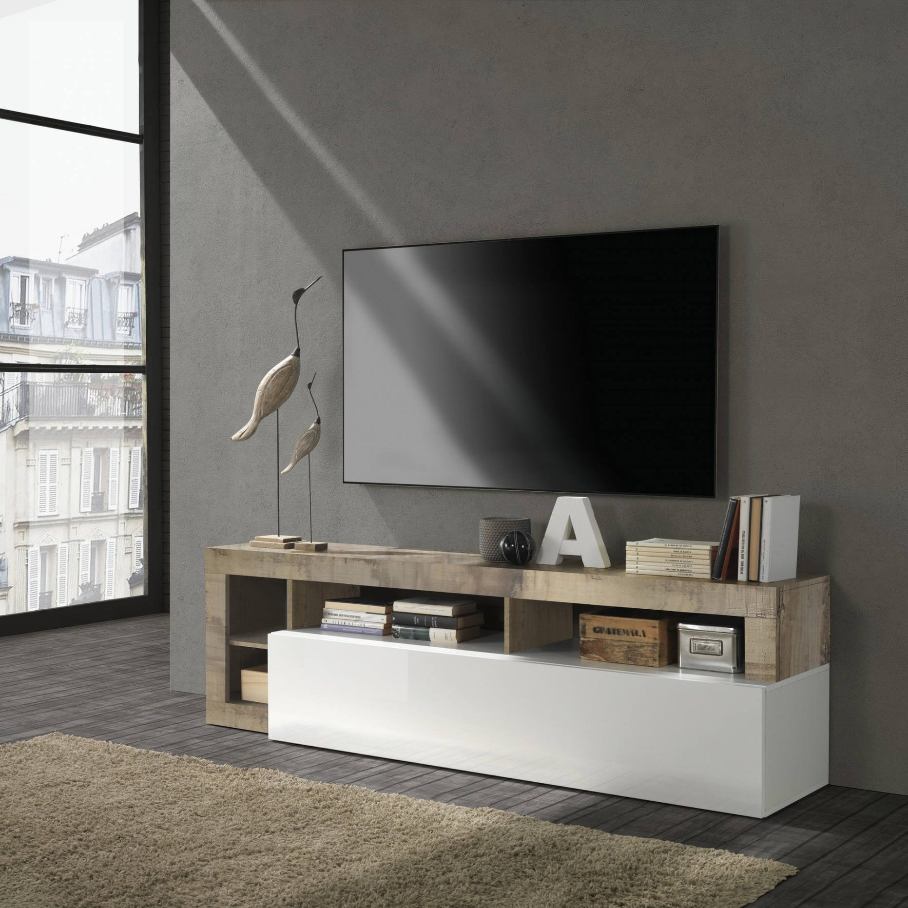 Mueble TV de salón, Made in Italy, Aparador para TV de salón con 1 puerta y  compartimentos abiertos, cm 184x42h58, blanco brillo y color pera