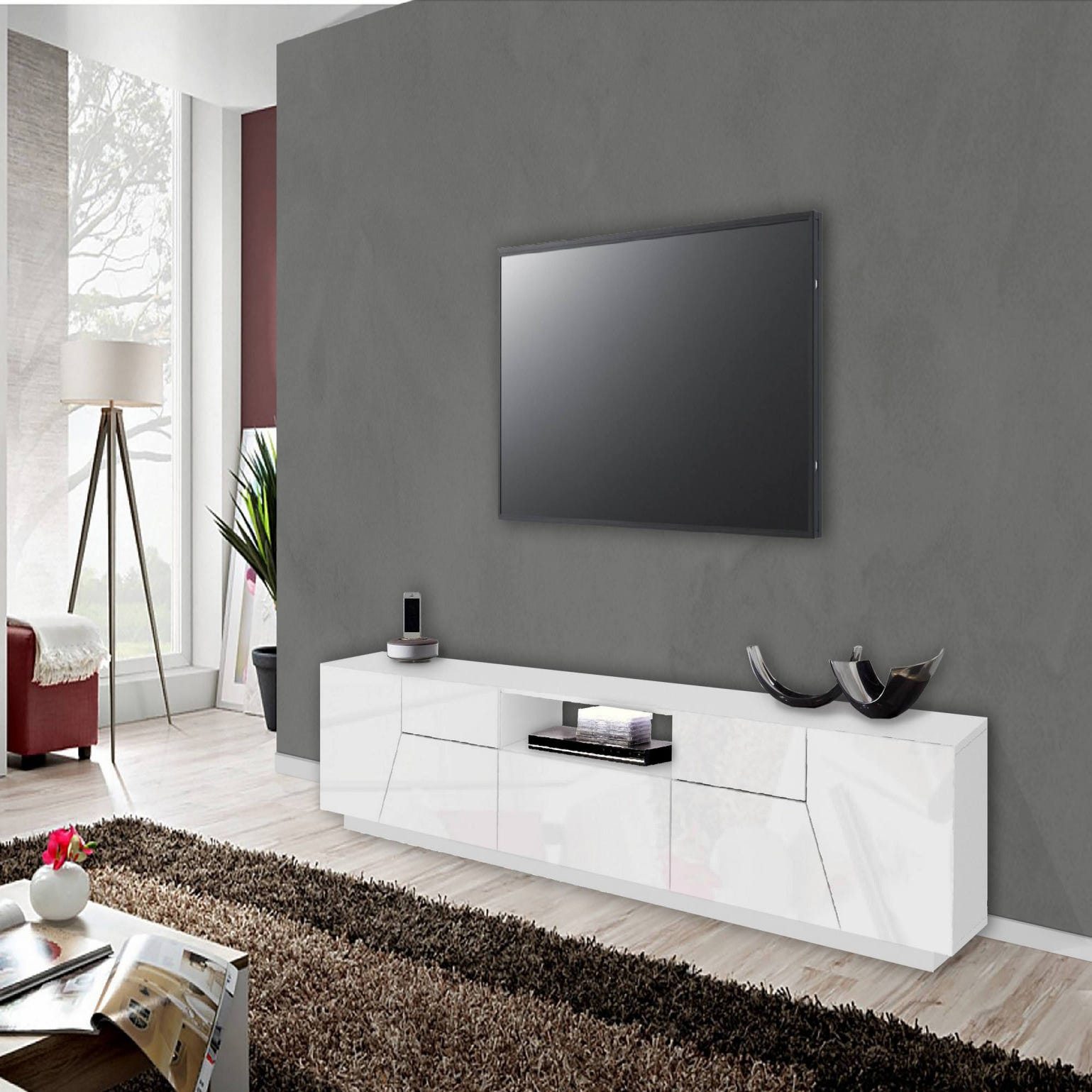 Mobile porta TV Jacopo, Credenza bassa da soggiorno, Base porta TV, 100%  Made in Italy, cm 220x43h46, Bianco lucido