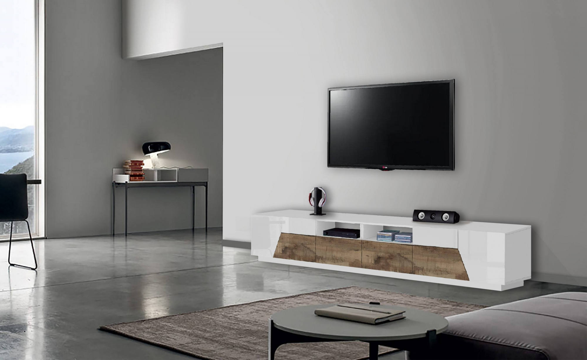 Mobile porta TV Gregorio, Credenza bassa da soggiorno a 4 ante, Base porta  TV, 100% Made in Italy, cm 260x43h46, Bianco lucido e Acero