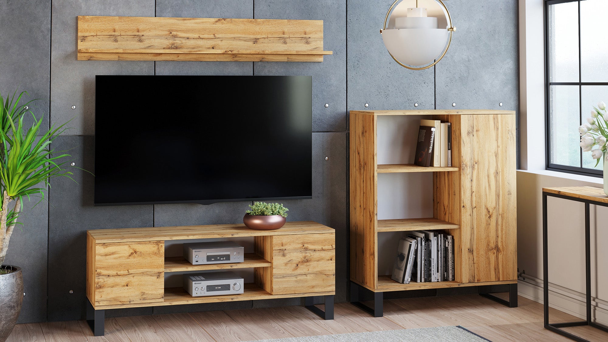 Parete attrezzata da soggiorno in stile industrial, Mobile porta TV con 1  credenza con anta reversibile, Mensola abbinata, colore Acero