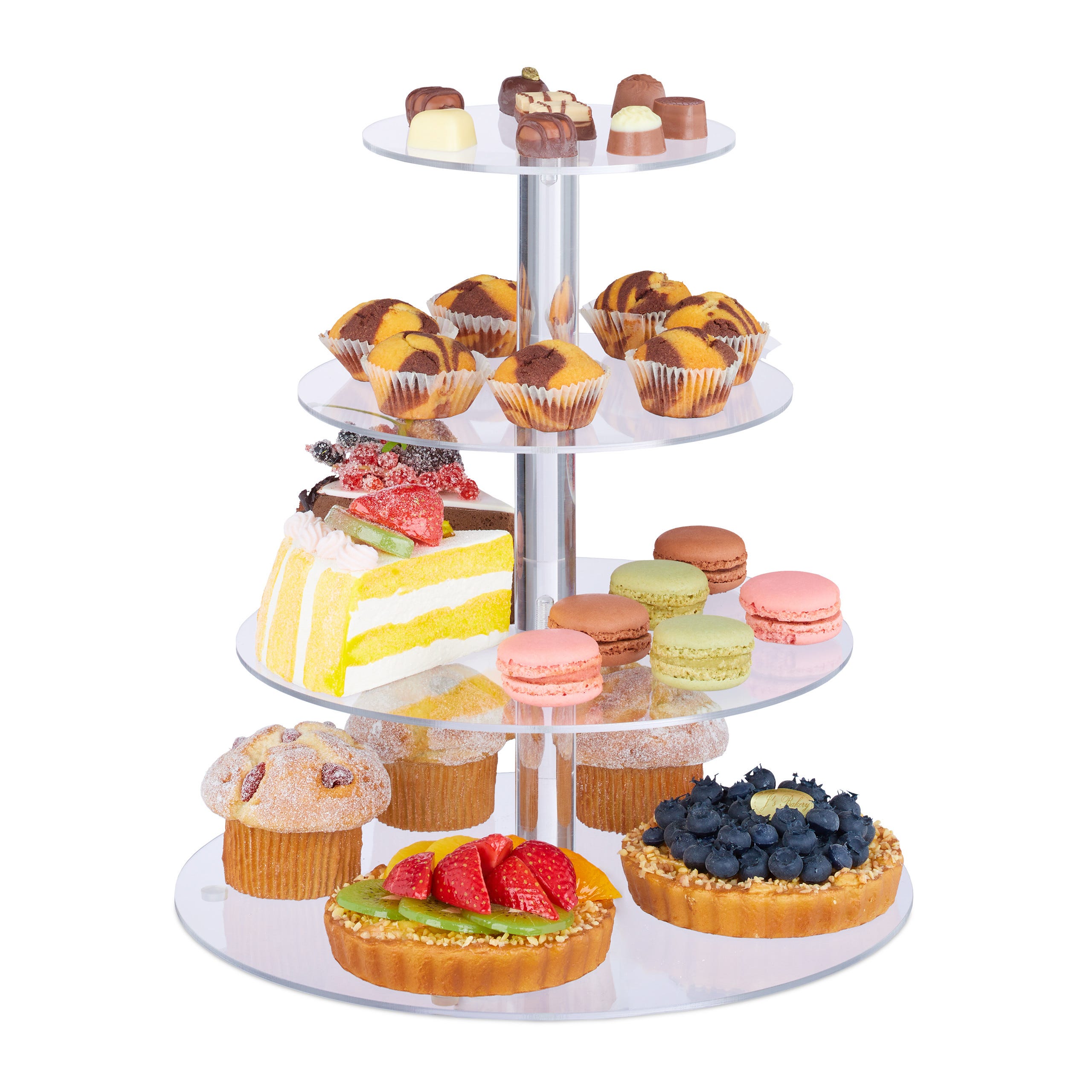 Relaxdays présentoir, 4 étages, ronds, cupcakes, gâteaux, snacks, fruits,  petit-déjeuner, en acrylique, transparent
