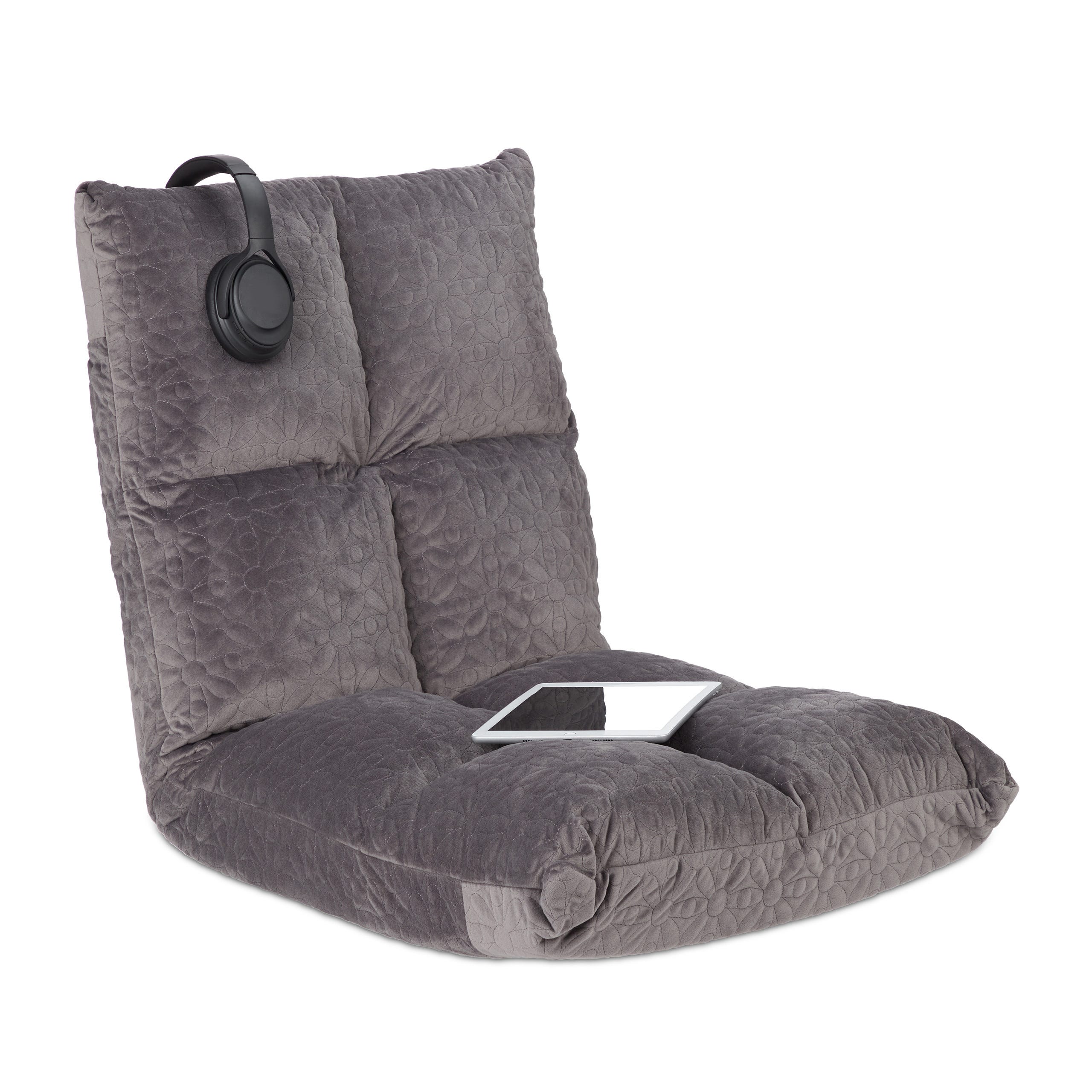 Relaxdays Chaise de col, avec dossier réglable, coussin de sol, 6  positions, rembourré, HLP : 58x50x55 cm, gris