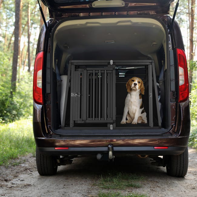 Relaxdays Boîte transport chiens, pour voiture, oblique, cage en aluminium  canidés, HxLxP : 60x55x76,5 cm, grise