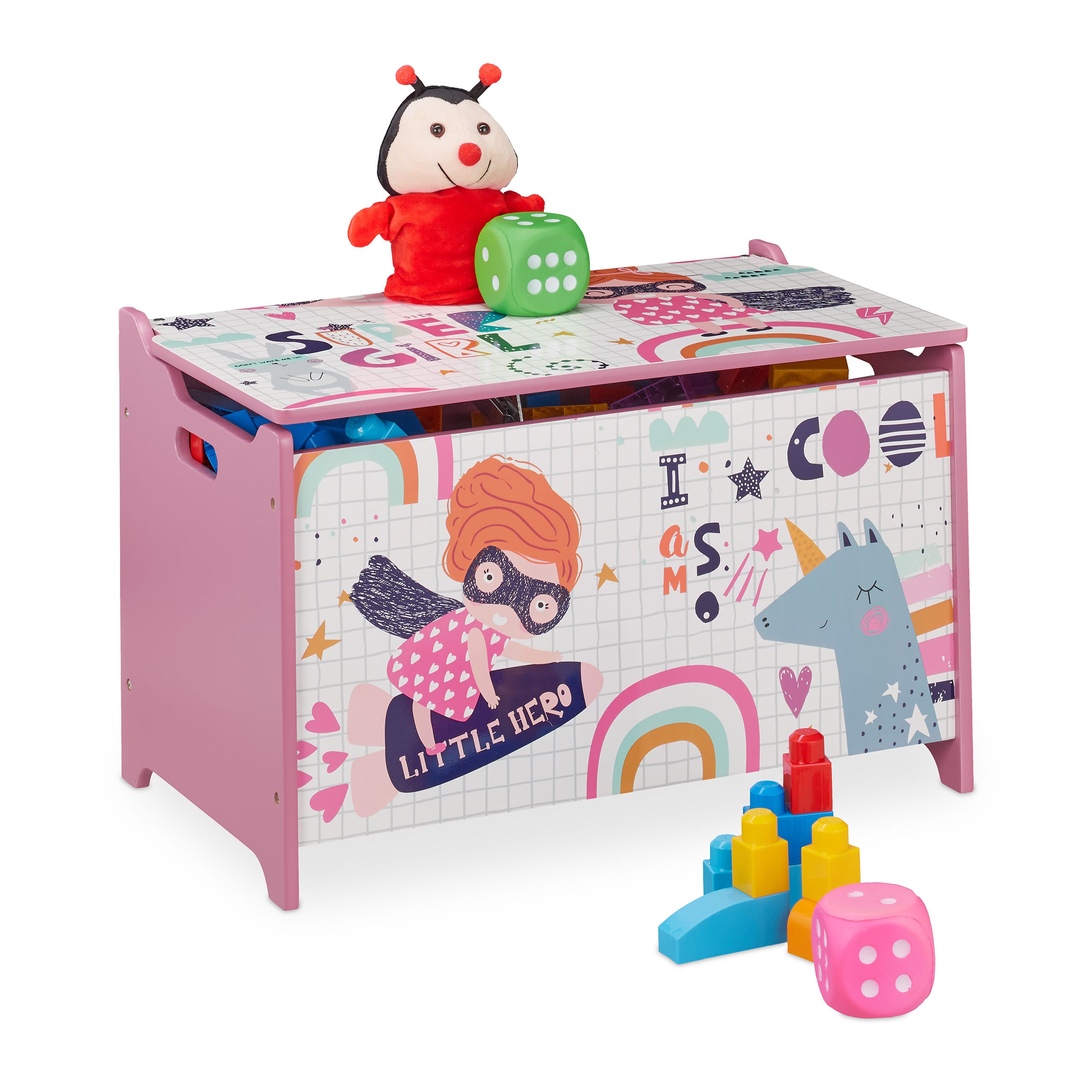 Relaxdays coffre à jouets, avec motif d'héroïne, coffre à jouets avec  couvercle, HxLxP : 39x60x36,5 cm, MDF, rose/blanc