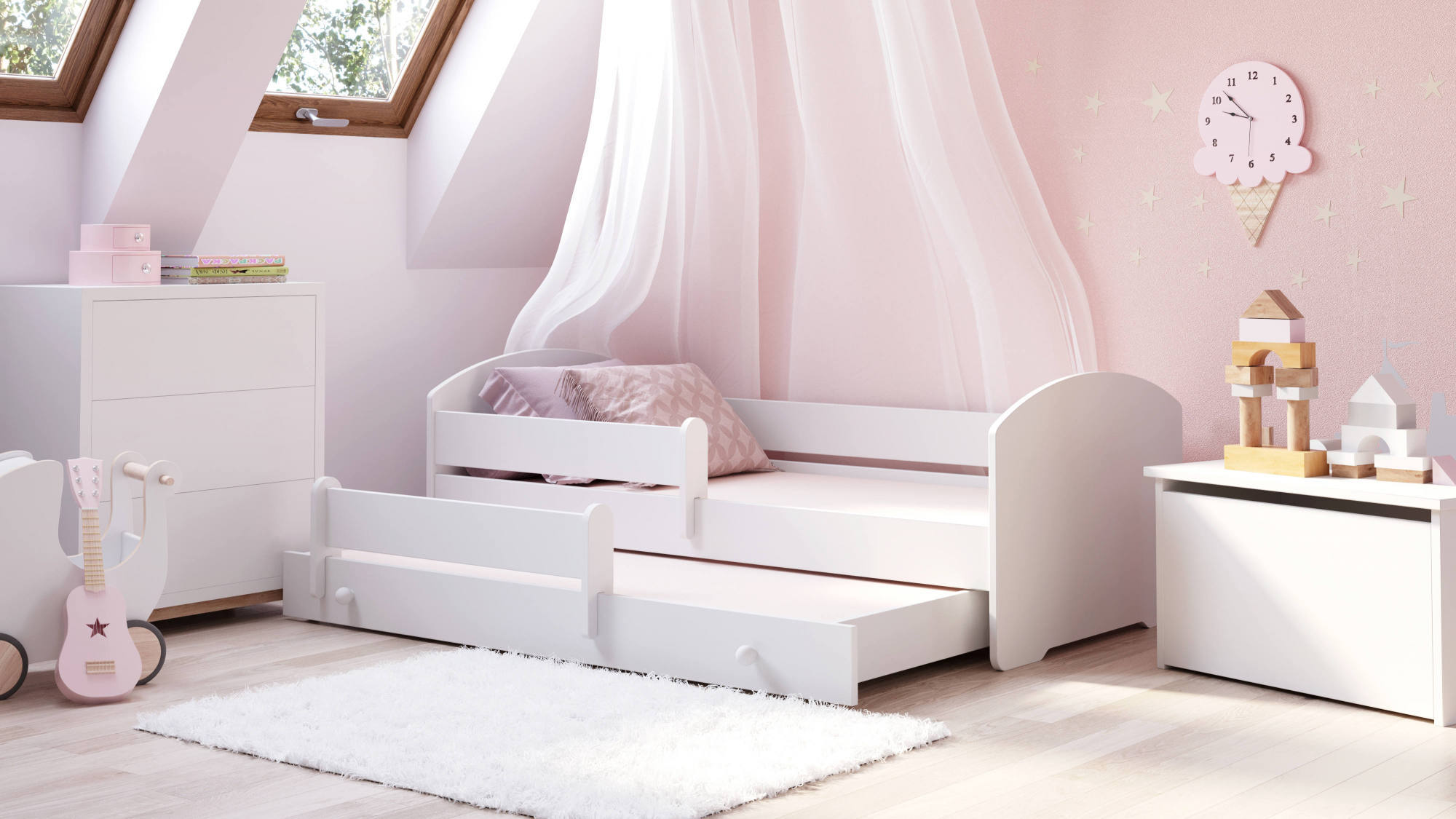 Cama individual para niños, cuna con segunda cama nido, cabecero redondo y protección contra caídas, cm 164x88h63, color blanco