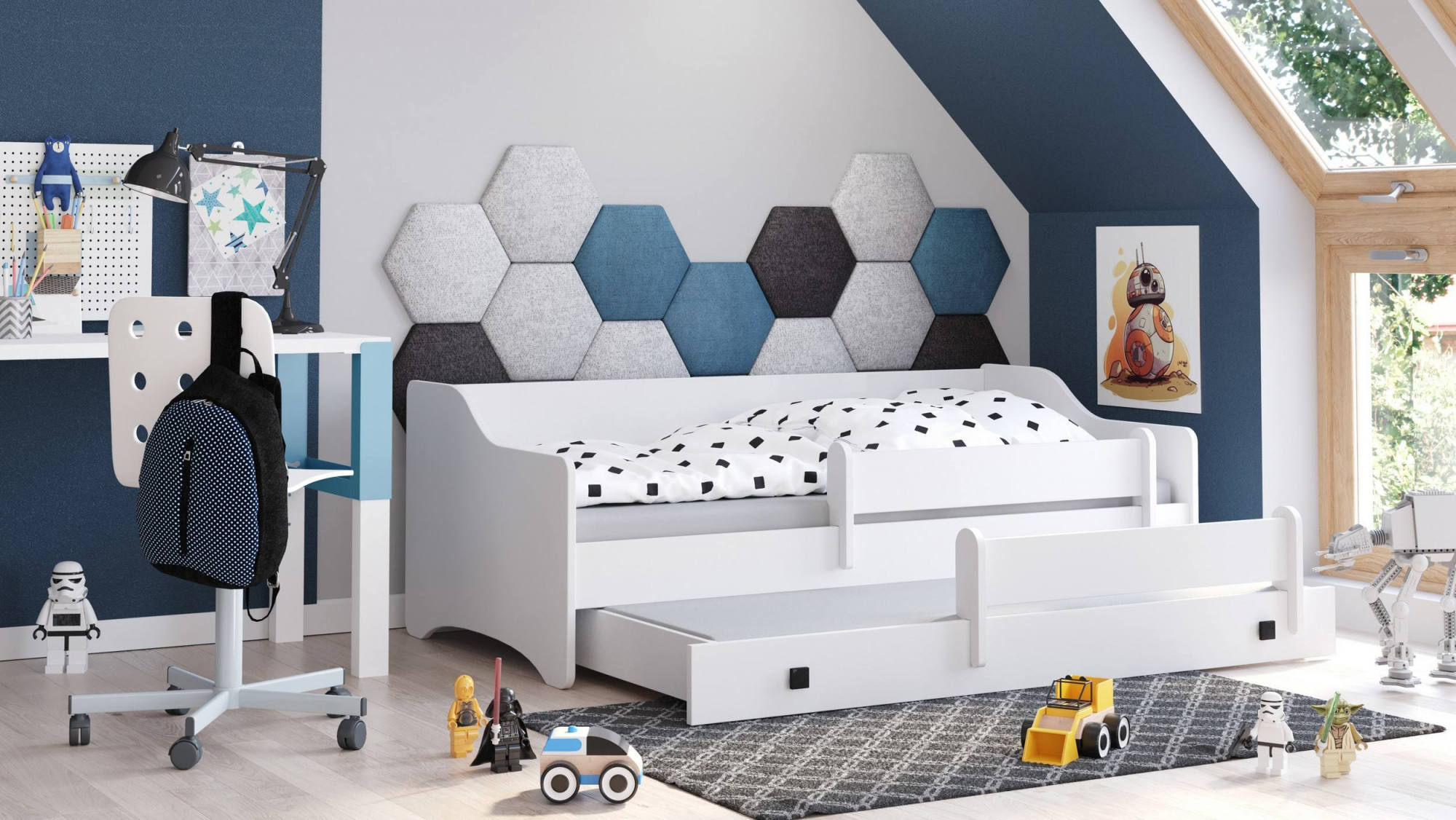 Cama individual para niños, sofá cama con segunda cama nido, cuna con protección anticaídas, cm 164x88h60, color detalle blanco y negro