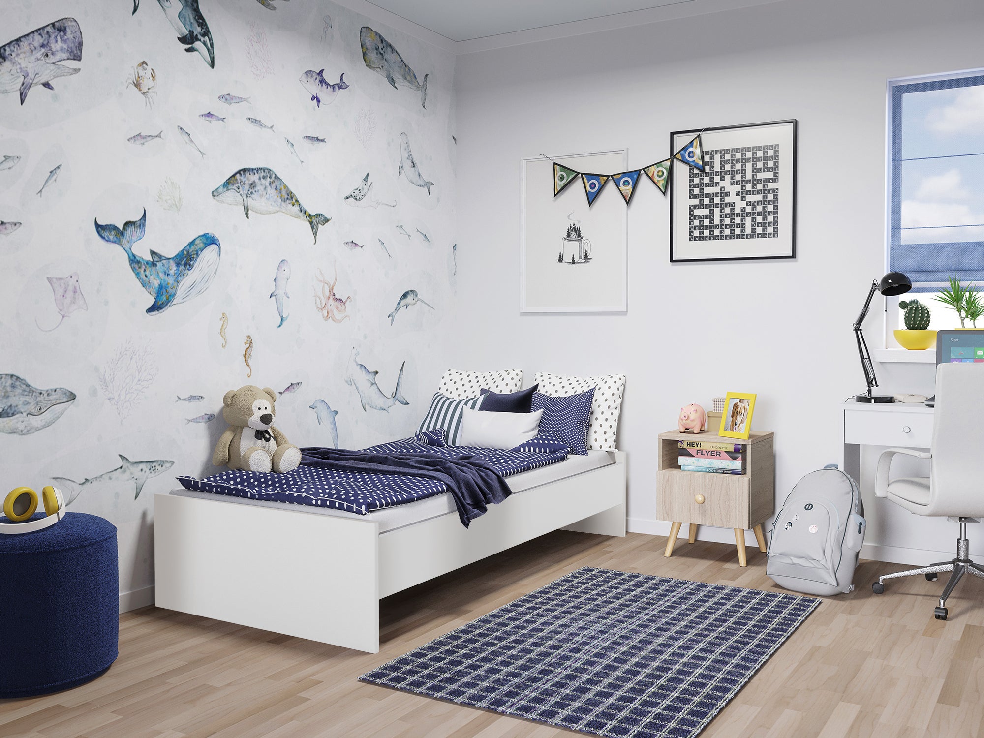 Cama individual moderna con cabecero, cama individual apta para colchón de 90x190 cm, color blanco