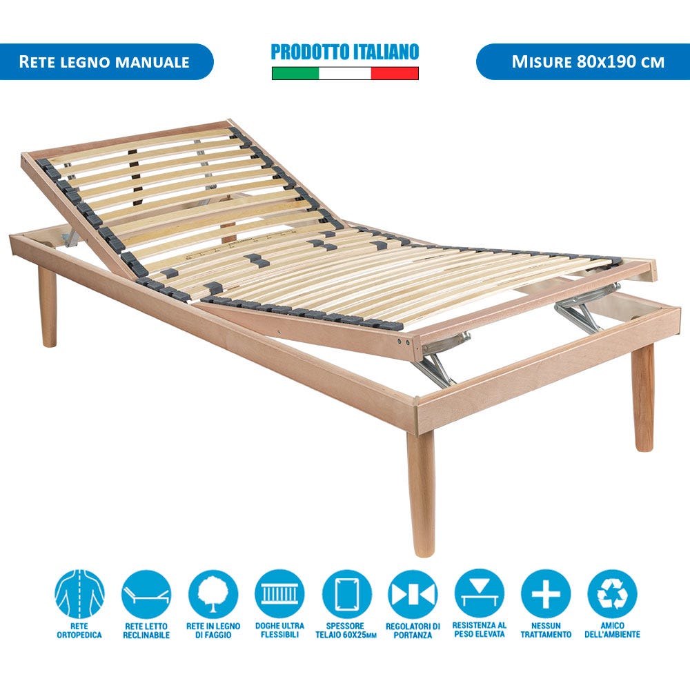 Rete letto ortopedica in legno reclinabile per letto singolo una piazza  80x190 con alzata manuale testa e piedi - Comprarredo
