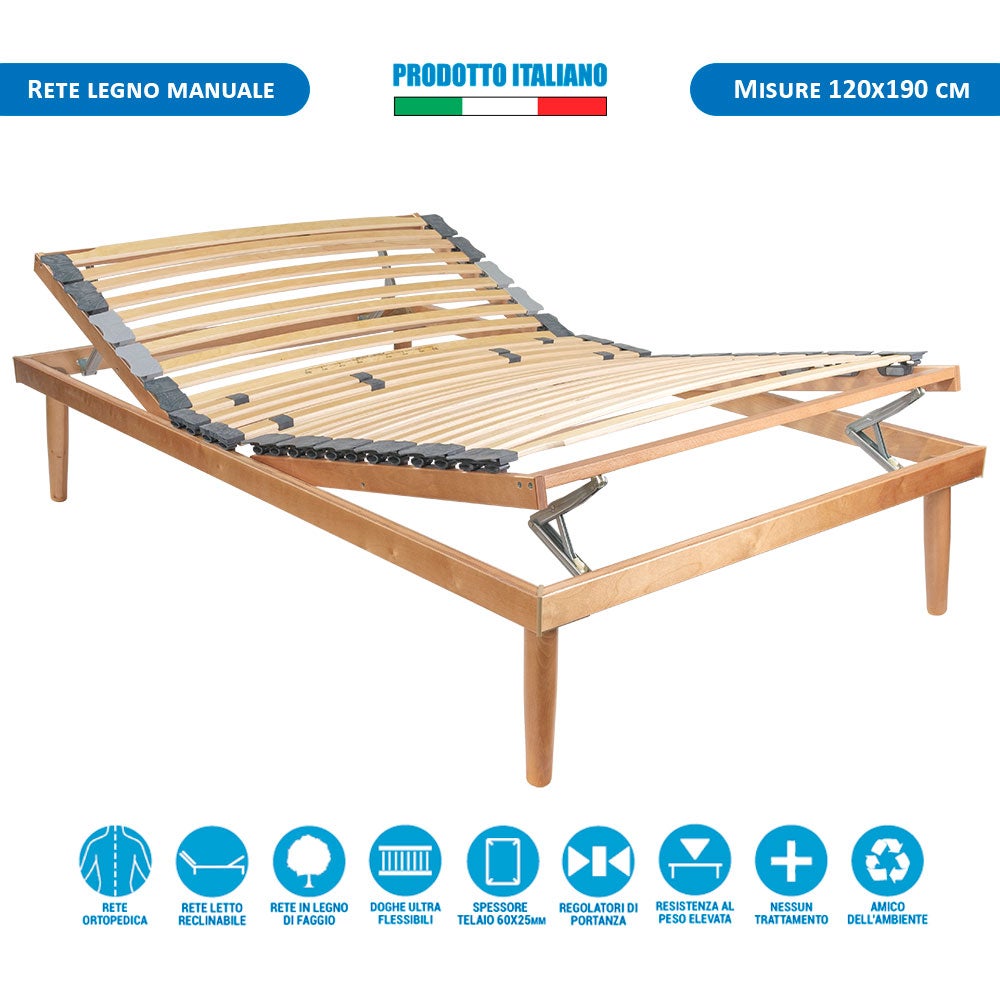 Rete letto ortopedica in legno reclinabile per letto una piazza e mezza  120x190 con alzata manuale testa e piedi - Comprarredo