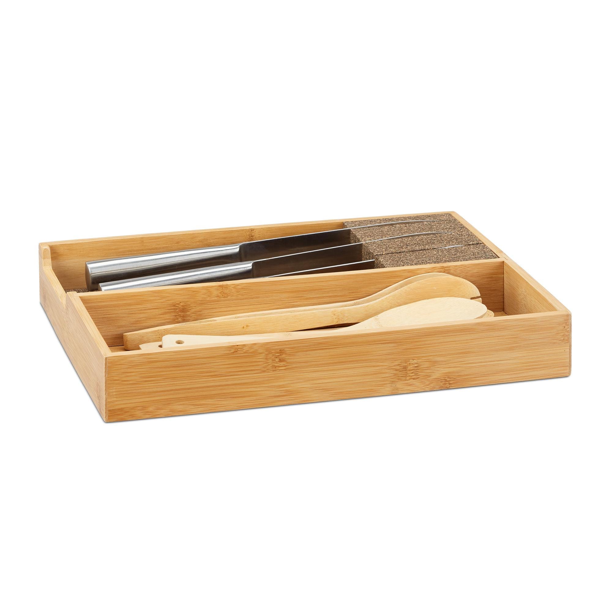 Relaxdays Ceppo porta-coltelli in bambù portaposate da cassetto organizer  cassetti HLP: 6,5x38x30 cm colore naturale