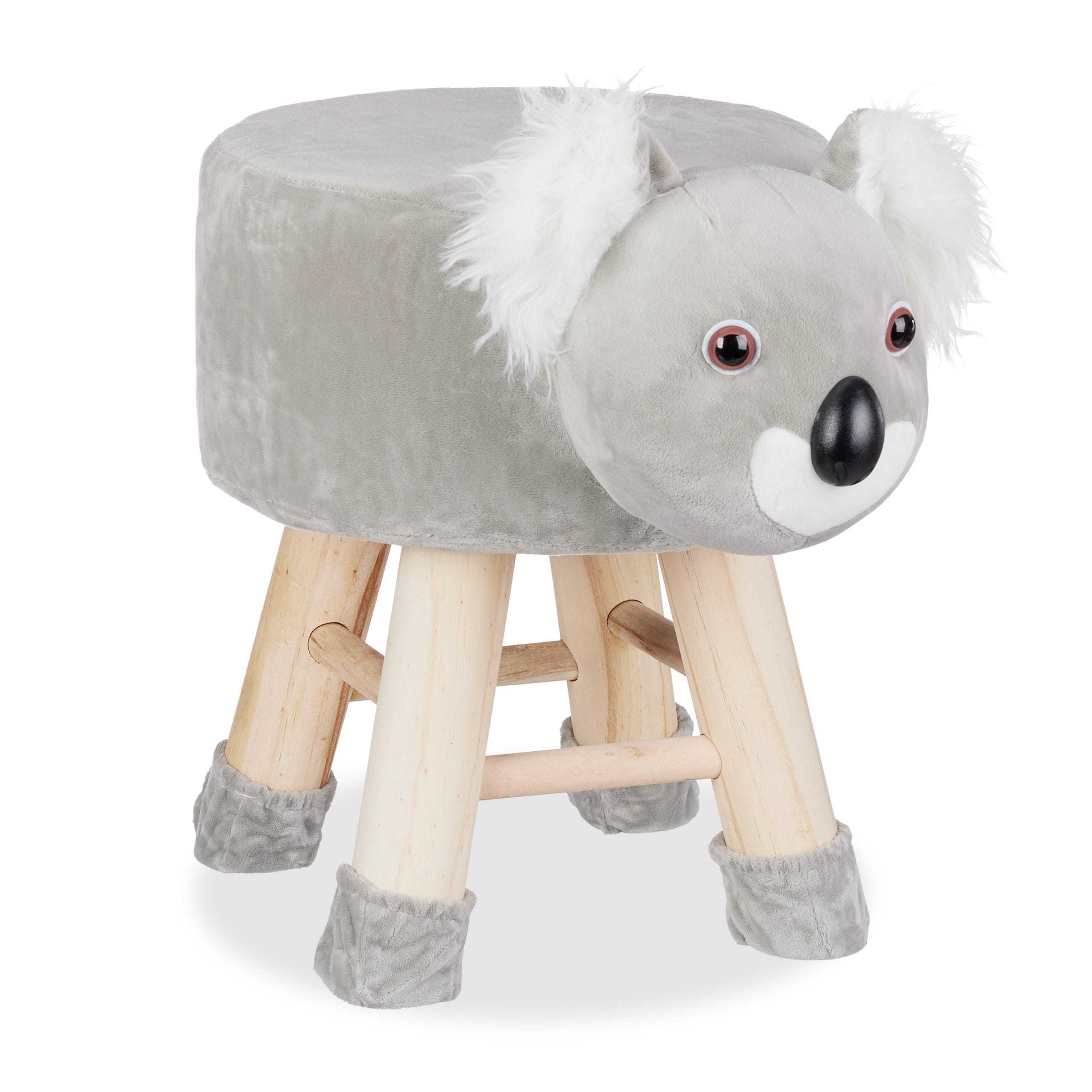Relaxdays Tabouret enfant motifs animaux pouf 4 pieds assise rembourrée  décoration amusant koala, gris