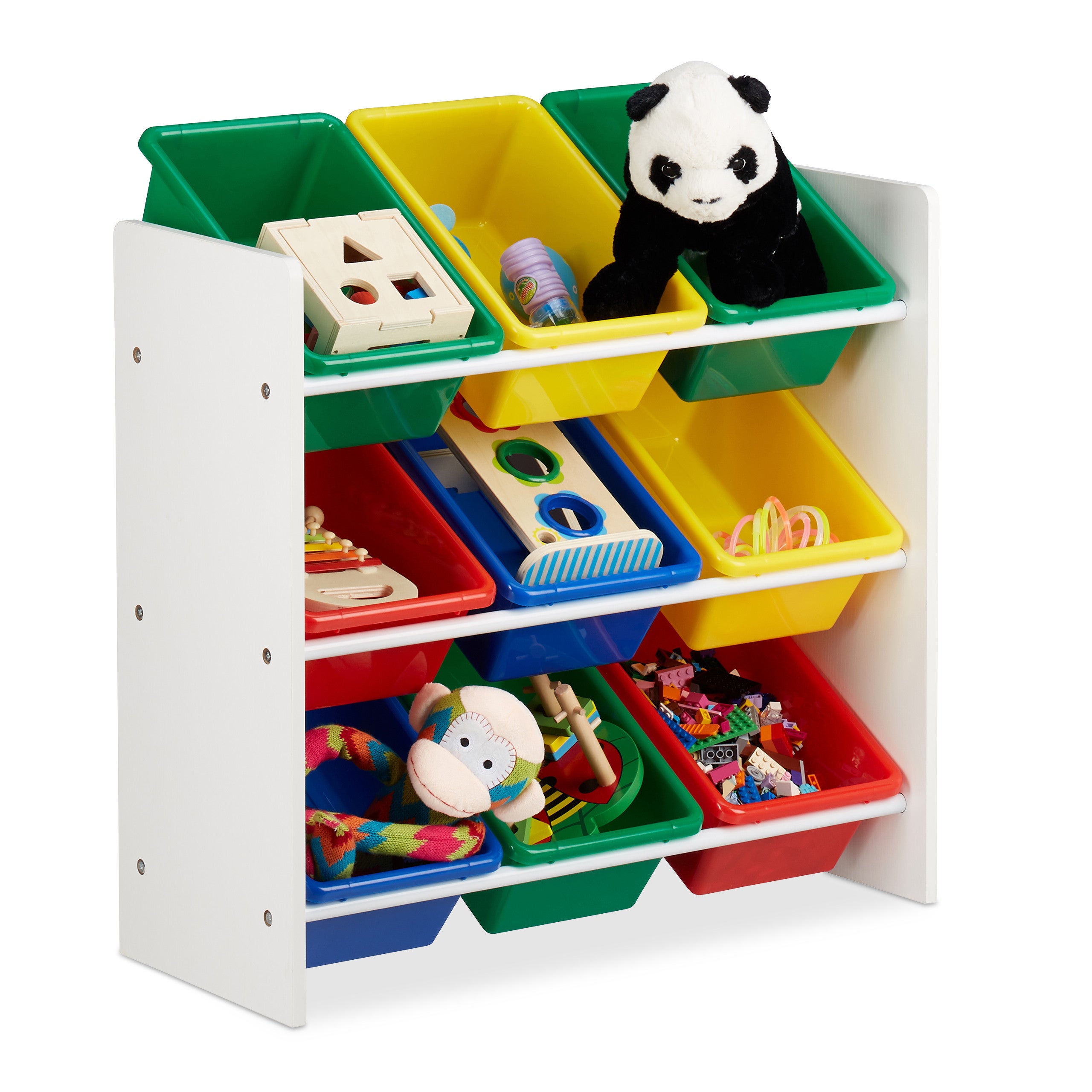Relaxdays 10022747_58 Scaffale per Bambini con Box Porta-Giochi, Contenitori  Colorati per Giocattoli, MDF+Plastica, 68x65x31 cm