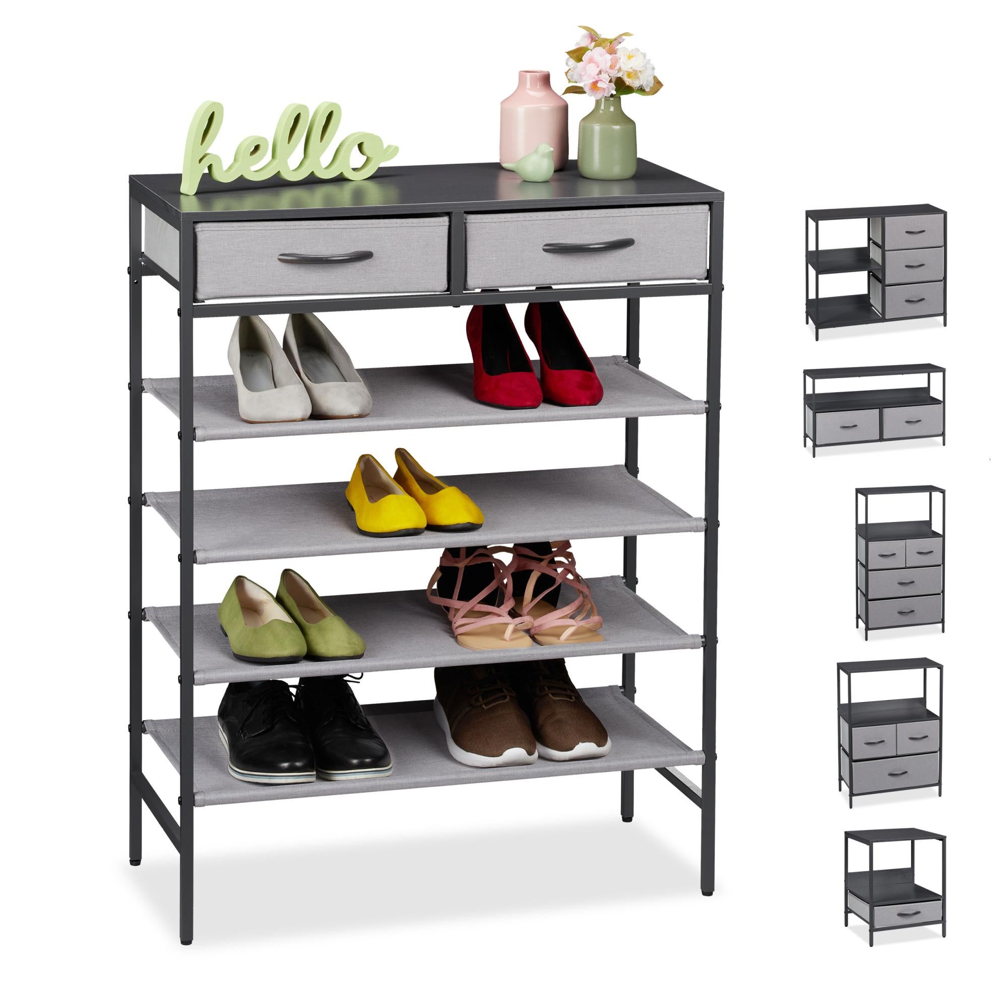 Scarpiera Relaxdays Con 2 Cassetti E 4 Ripiani - Contiene 12 Paia - In MDF E Tessuto - H 95 X L 72,5 X P 35,5 Cm - Grigio Chiaro