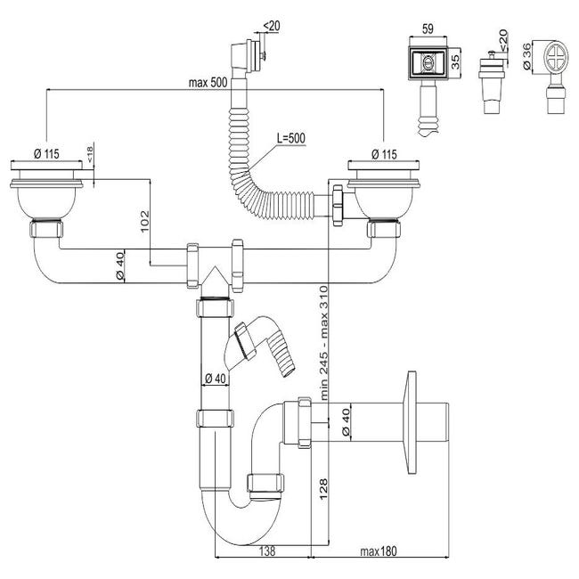 Siphon En P Double Évier Contrôle De Liaison 115 mm Entrée Lave-vaisselle