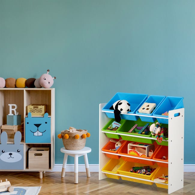 Relaxdays 10022747_60 Scaffale per Bambini con Box Porta-Giochi, Contenitori  Colorati per Giocattoli, MDF+Plastica, 88x86x31 cm