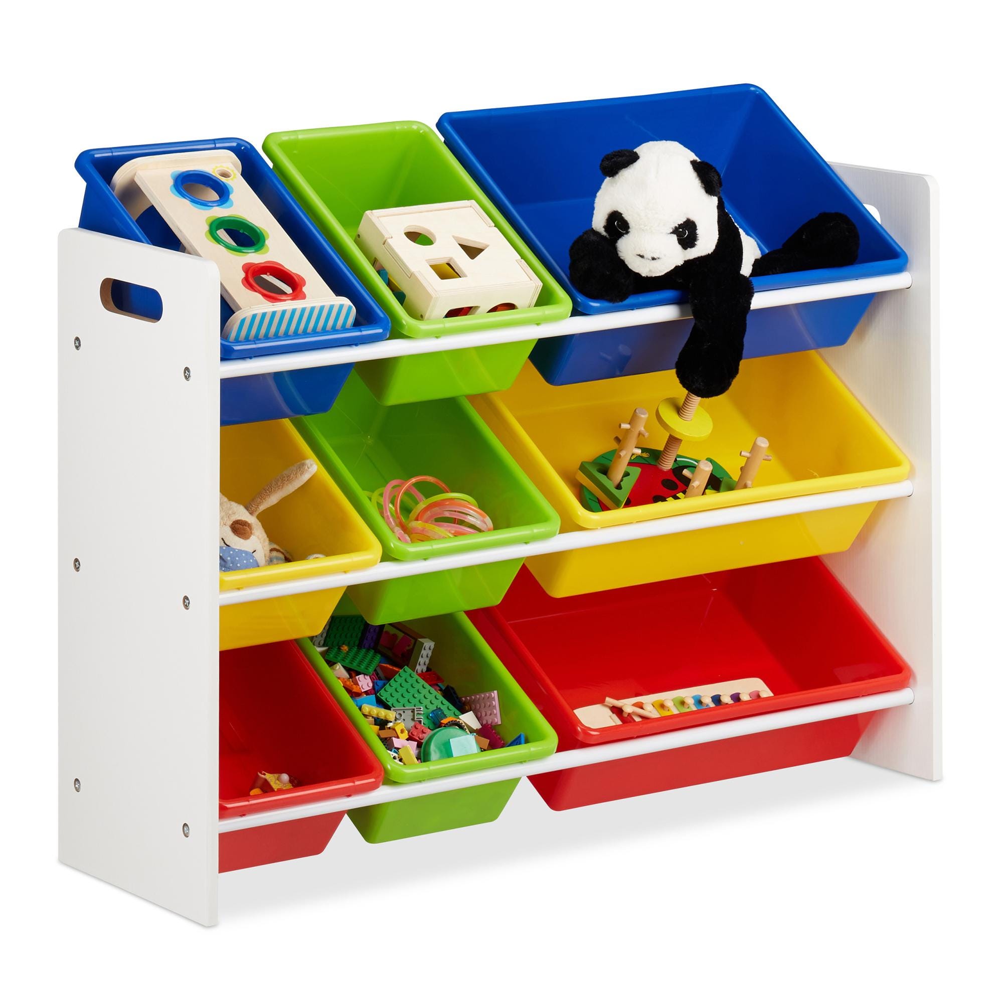 Relaxdays 10022747_59 Scaffale per Bambini con Box Porta-Giochi, Contenitori  Colorati per Giocattoli, MDF+Plastica, 68x86x31 cm