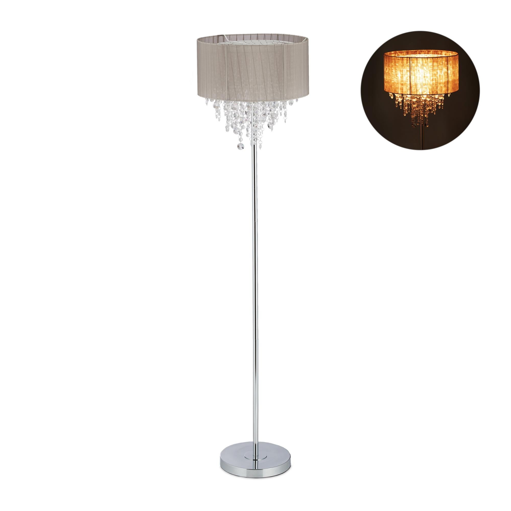 Lampe Sur Pied Relaxdays 148cm - Abat-jour Tissu Pied Chromé E27 Salon Gris