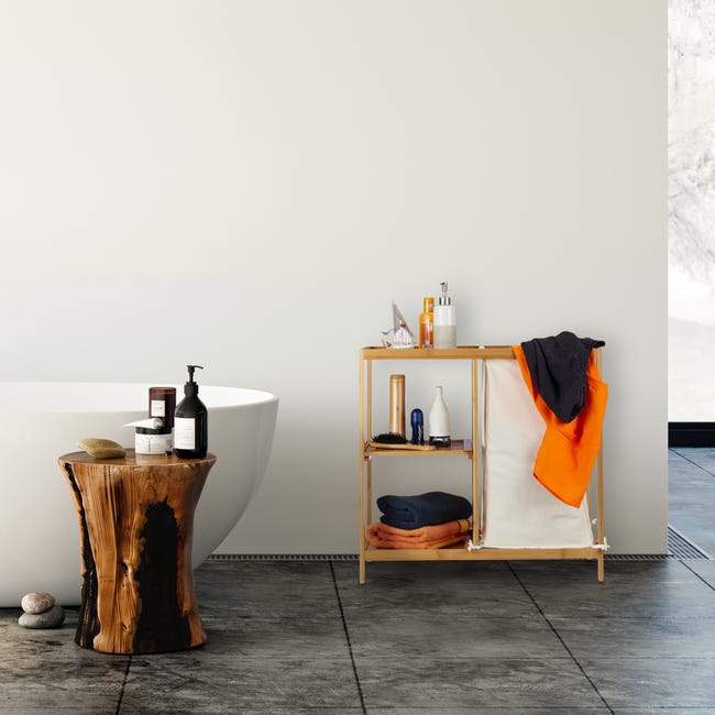 Relaxdays Meuble salle de bain bambou, 3 étagères & compartiment, HxLxP:  87,5 x 67 x 33 cm, rangement avec porte, nature
