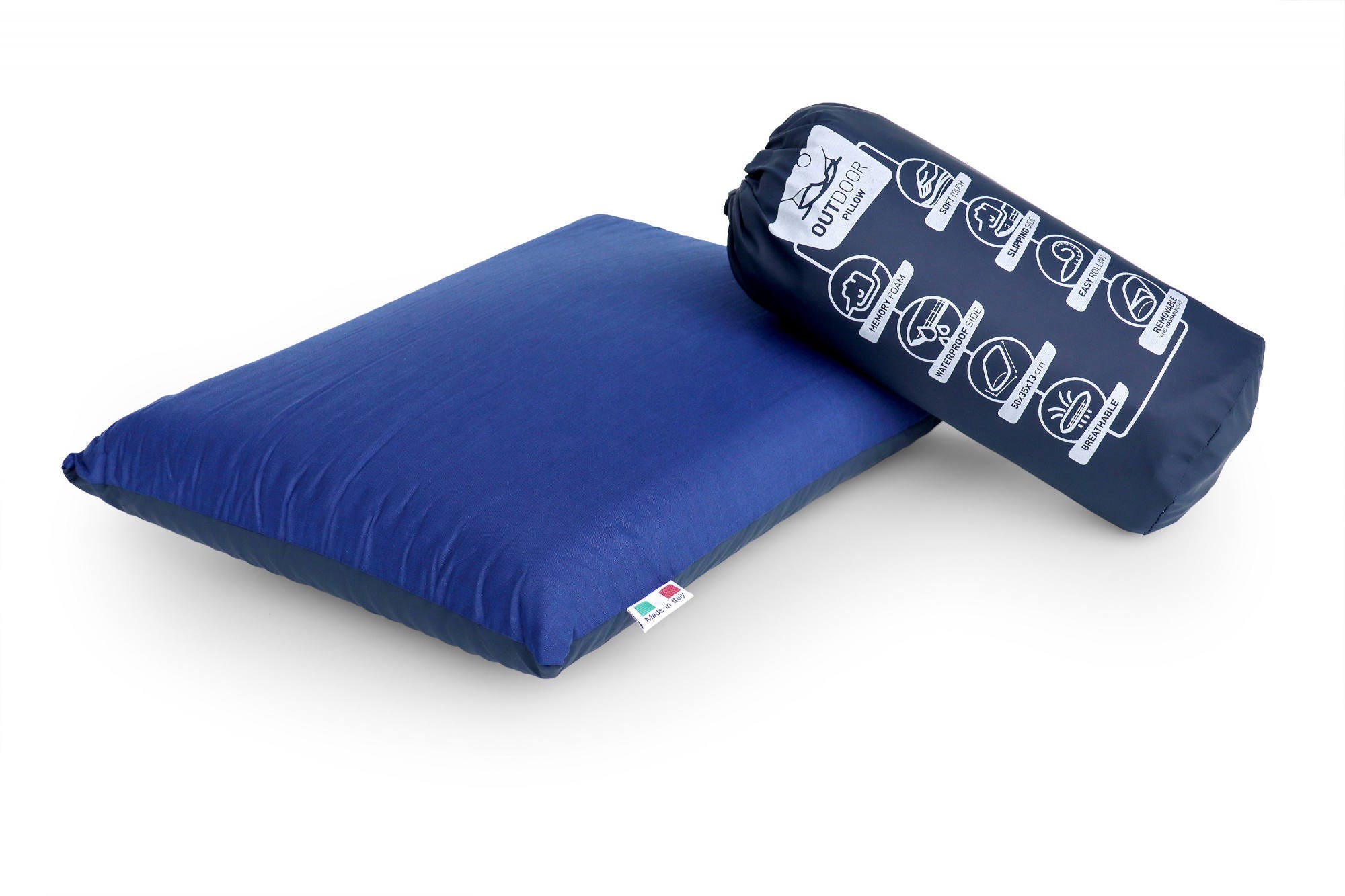 Cuscino per letto da campeggio, 100% Made in Itala, Guanciale in Memory  Foam con cover impermeabile e sfoderabile, Facile da arrotolare, 50x35xh13  cm