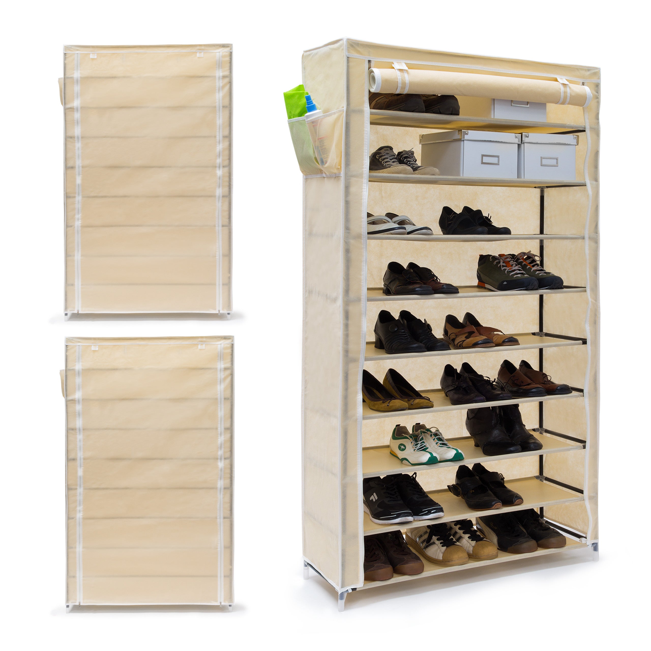 3x Scarpiera Salvaspazio, 9 Ripiani, 45 Scarpe, Rivestimento in Tessuto,  Portascarpe, HxLxP: 161 x 88 x 30 cm, Beige