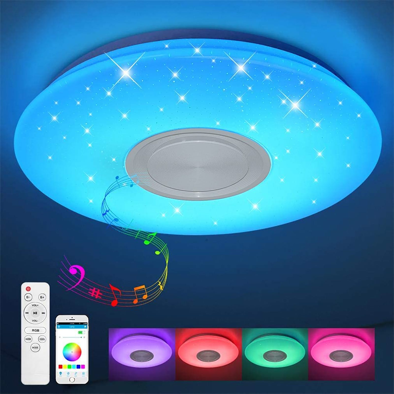 Plafoniera musicale LED 62W RGB dimmerabile luce soffitto cassa bluetooth  smartphone APP telecomando IR