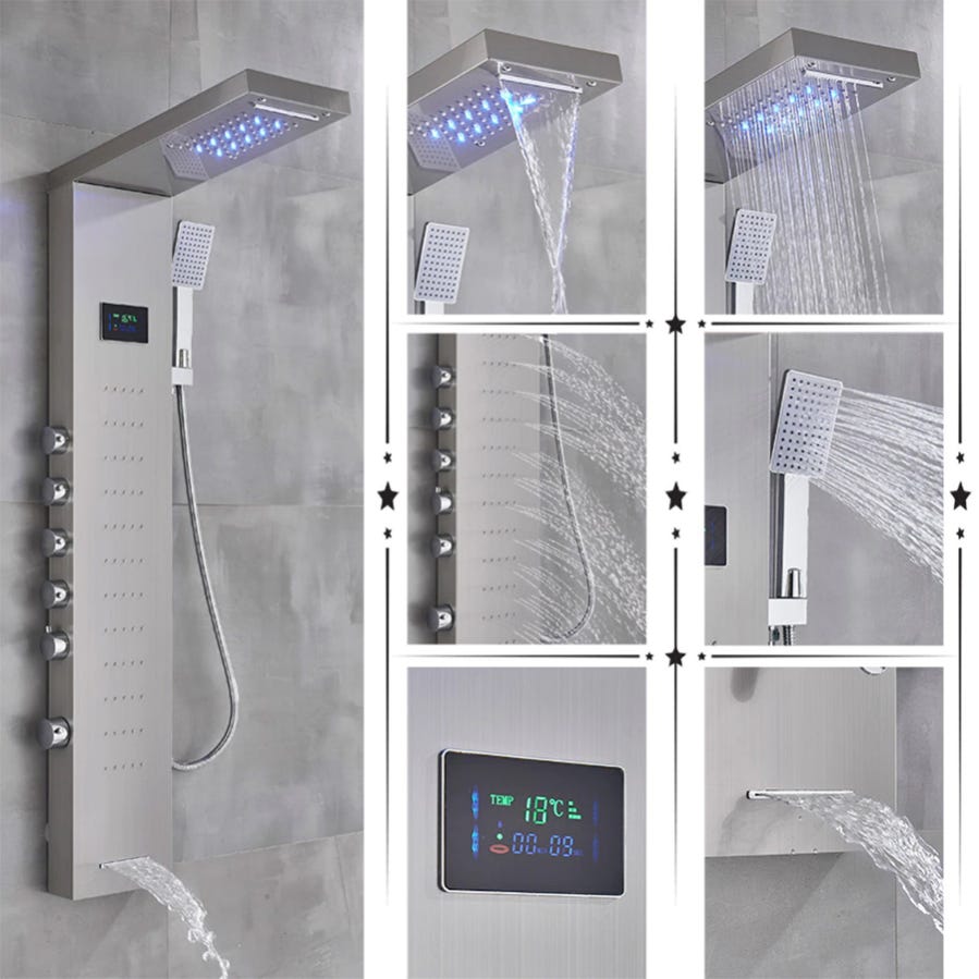 Colonna Doccia Idromassaggio 5 In 1 Con LED - Acciaio Inox 304, Display LCD Temperatura, Soffione Cascata - Foto 6