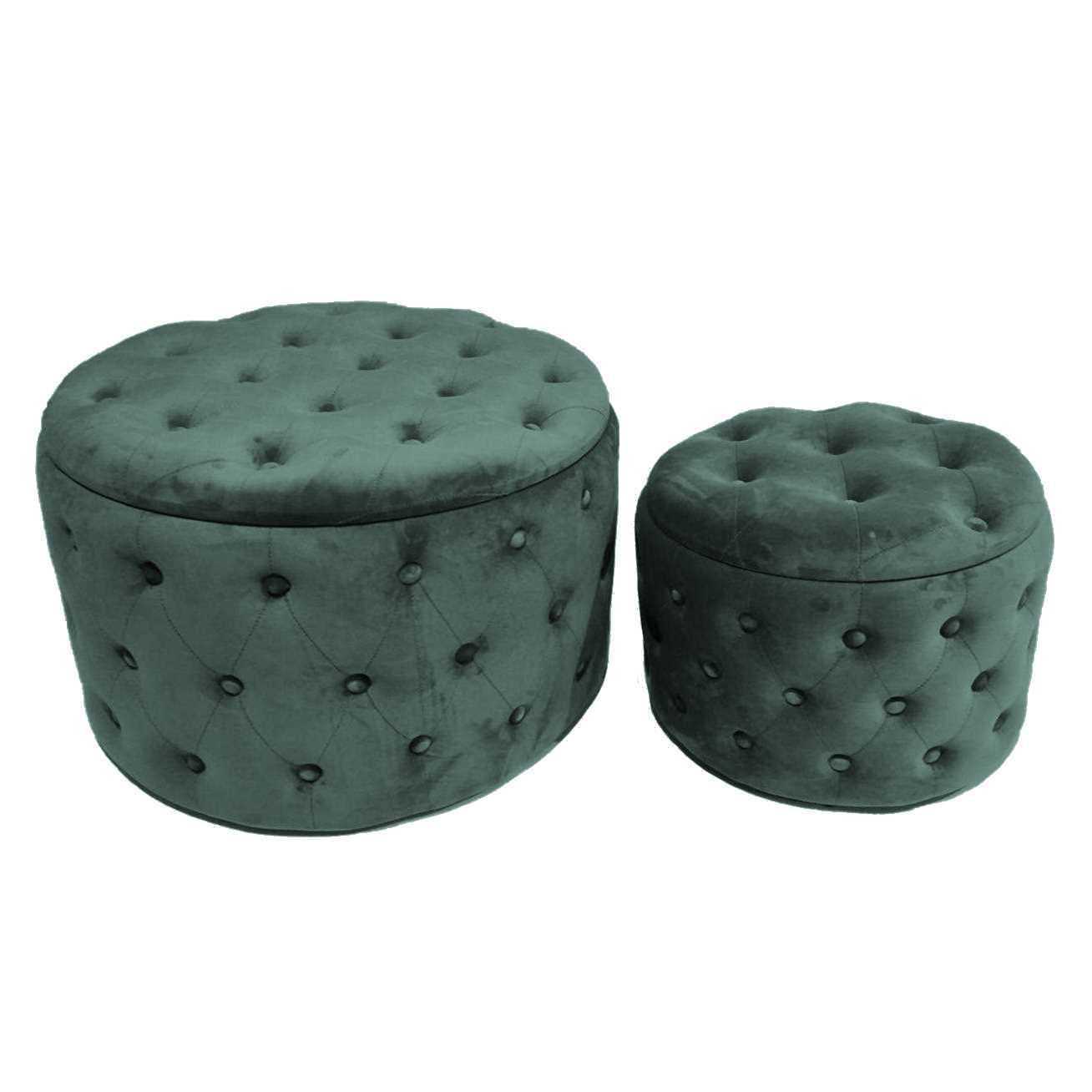 Pouf Poggiapiedi Verde Tondo Basso in Legno Puff Rotondo Imbottito