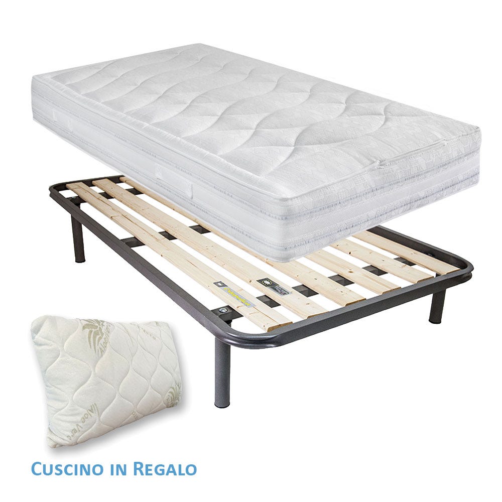 Kit letto piazza e mezzo 120x190 materasso a molle e lana rigido Messico,  resistente rete a tavole e cuscino fiocco memory incluso - Comprarredo