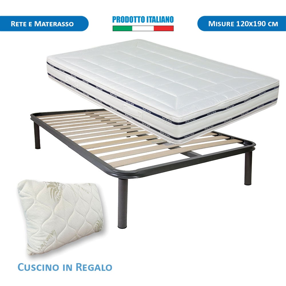 Kit materasso memory e rete ortopedica Finlandia letto piazza e mezza  120x190, rete in metallo a doghe flessibili, cuscino fiocco - Comprarredo