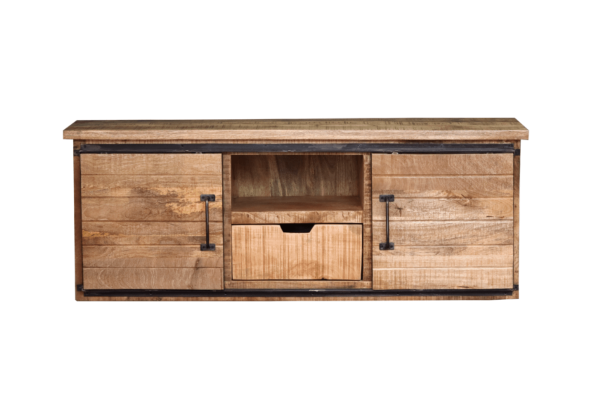 Banc TV bas industriel bois massif et métal 160cm KYNA - 3373