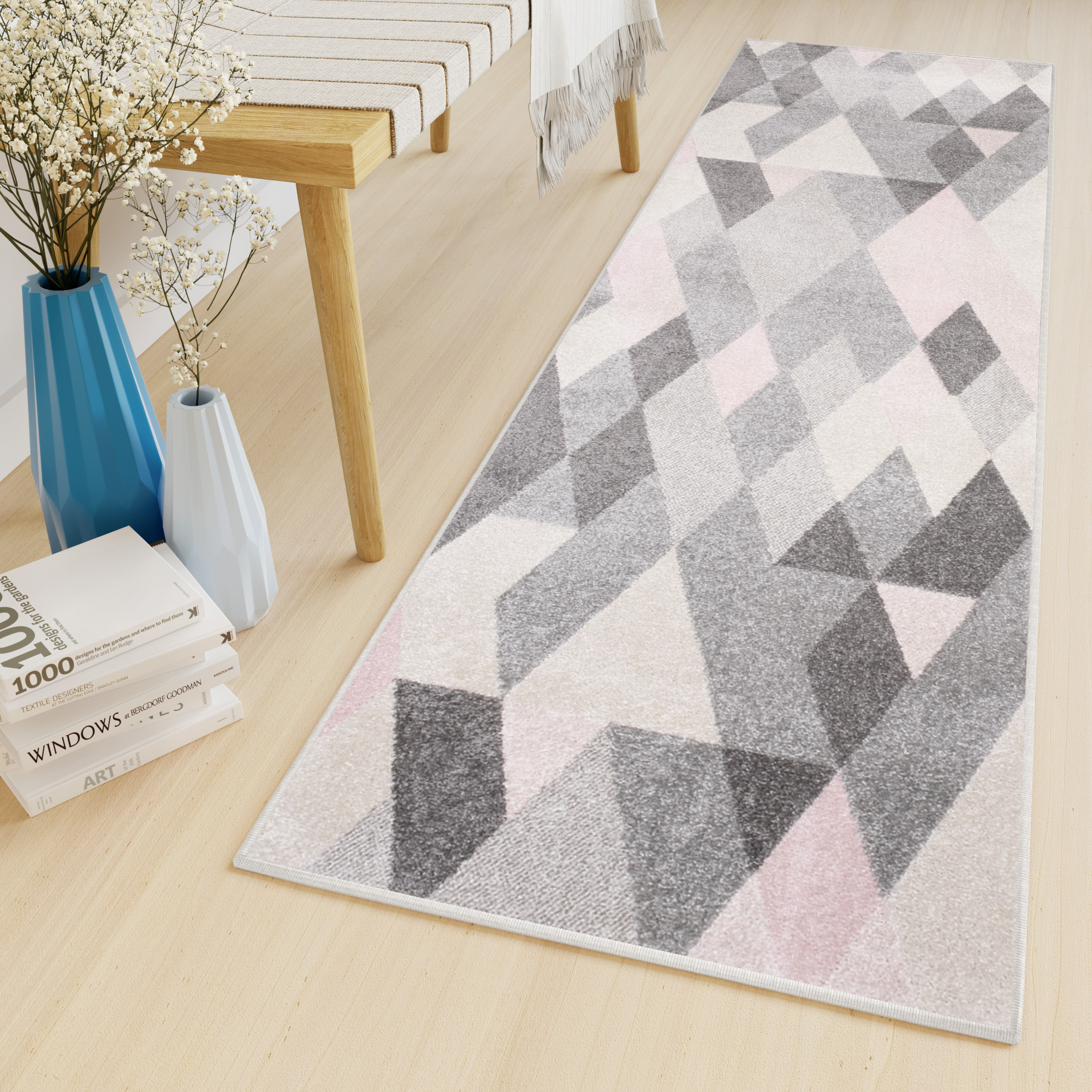 Tapiso lazur alfombra de pasillo moderno rosa gris crema geométrico triangulos 80 x 500 cm