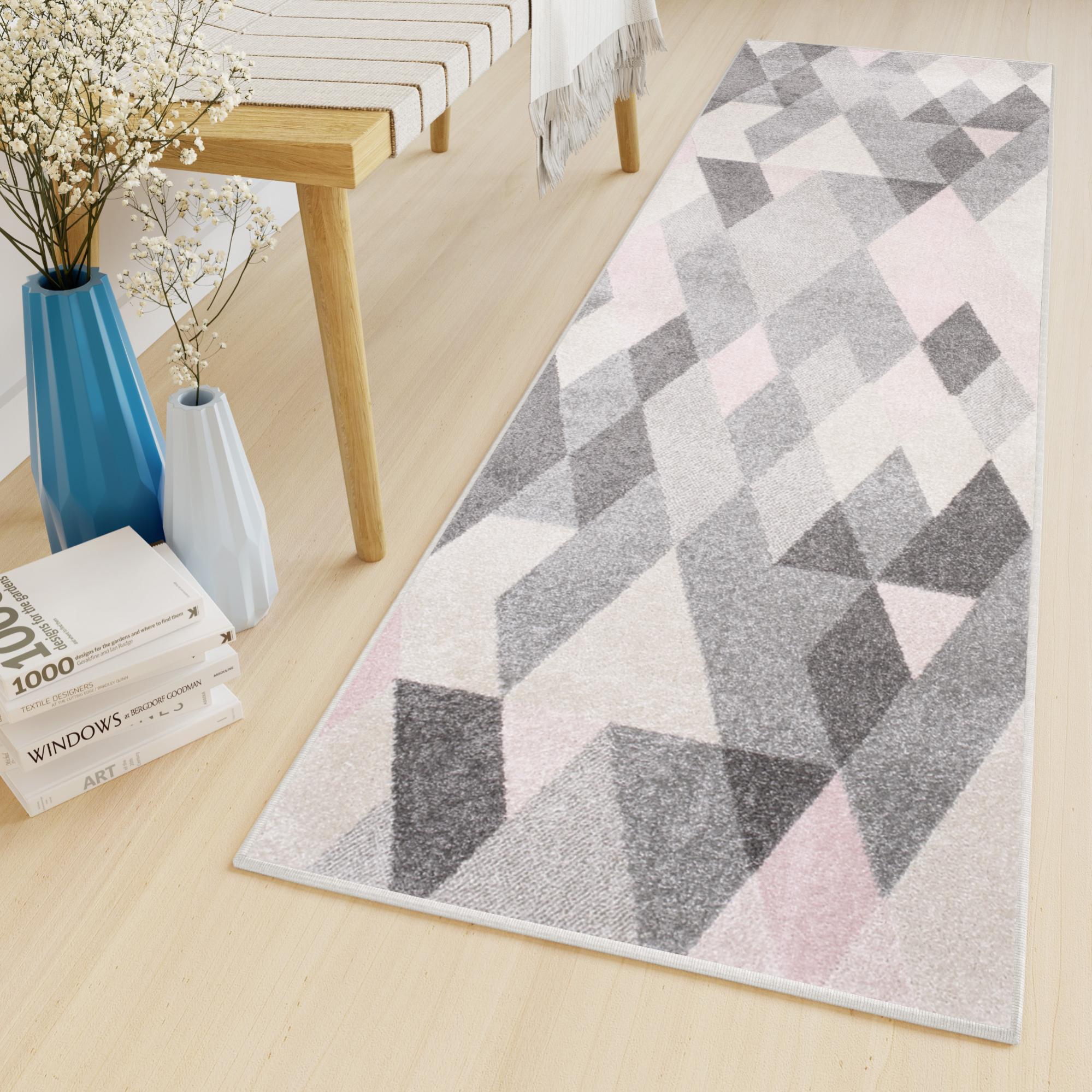 Tapiso lazur alfombra de pasillo moderno rosa gris crema geométrico triangulos 80 x 280 cm