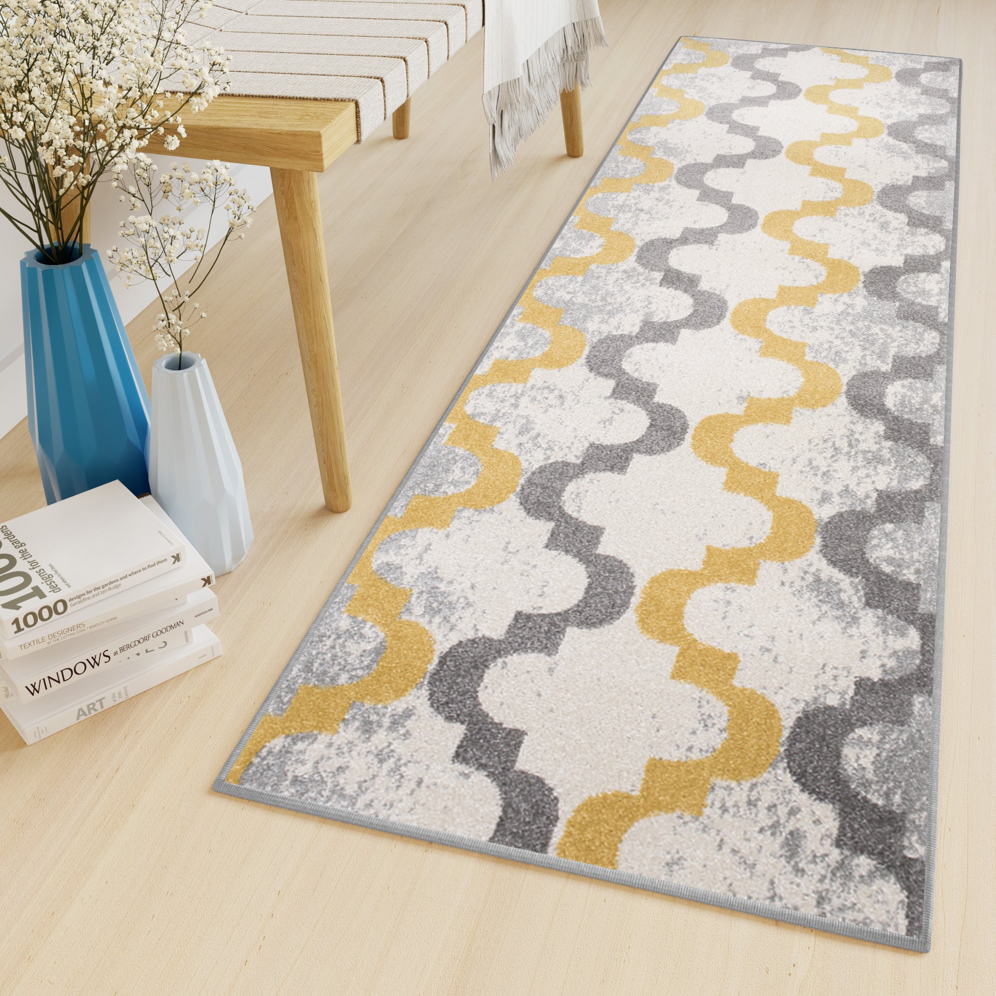 Tapiso lazur alfombra de pasillo moderno amarillo gris crema trébol marroquí 80 x 270 cm
