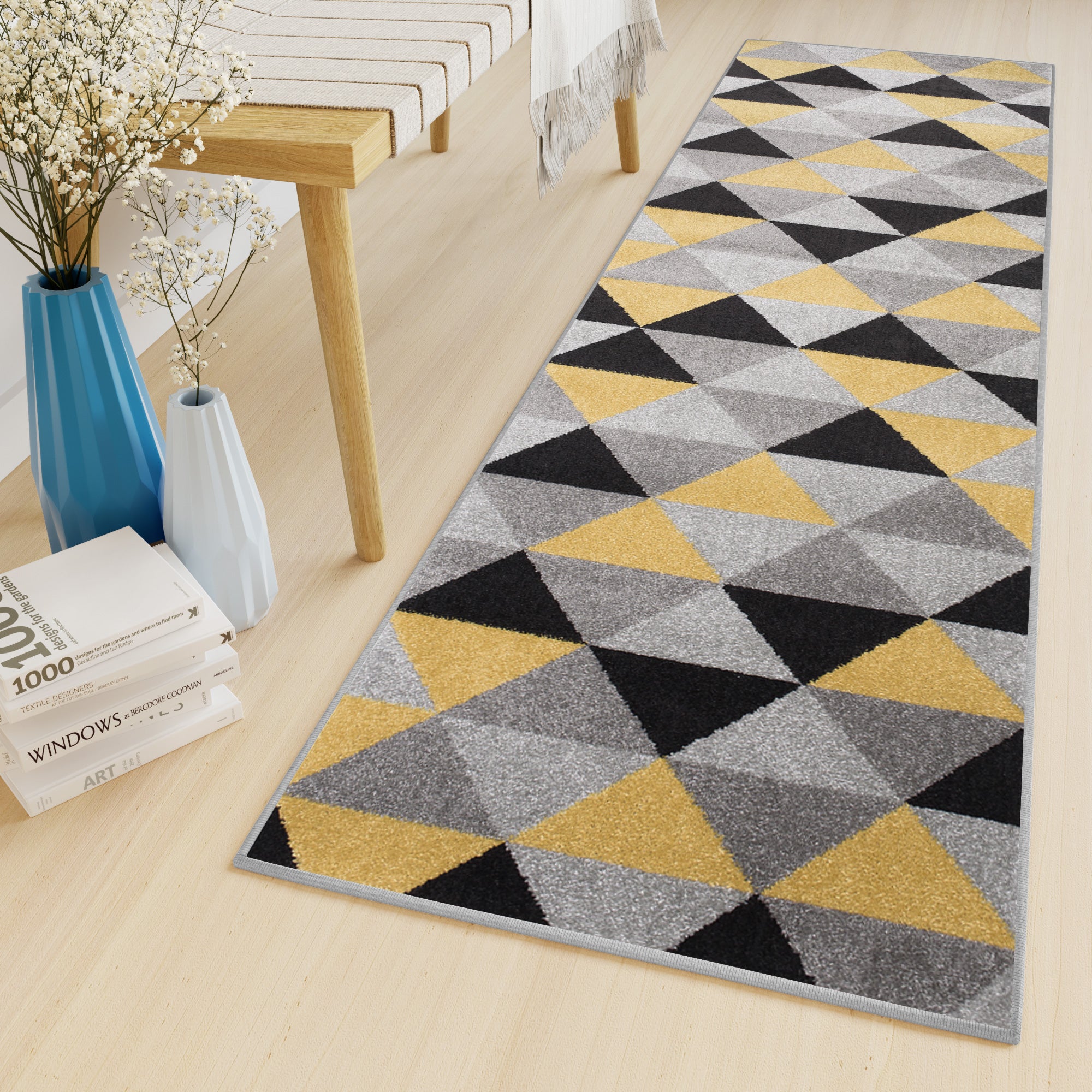 Tapiso Lazur Tapis De Couloir Passage Gris Noir Jaune Triangles X